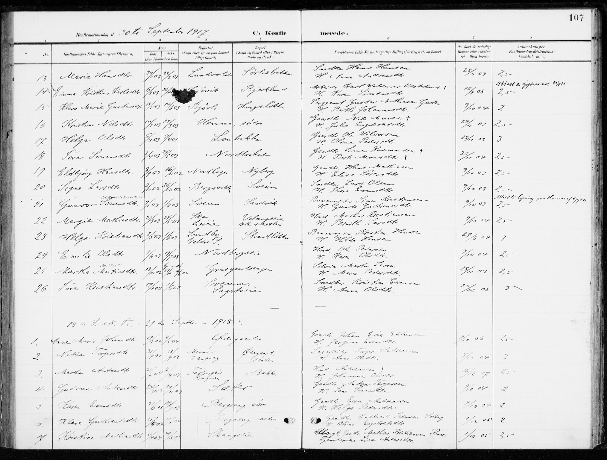 Ringsaker prestekontor, AV/SAH-PREST-014/K/Ka/L0021: Parish register (official) no. 21, 1905-1920, p. 107