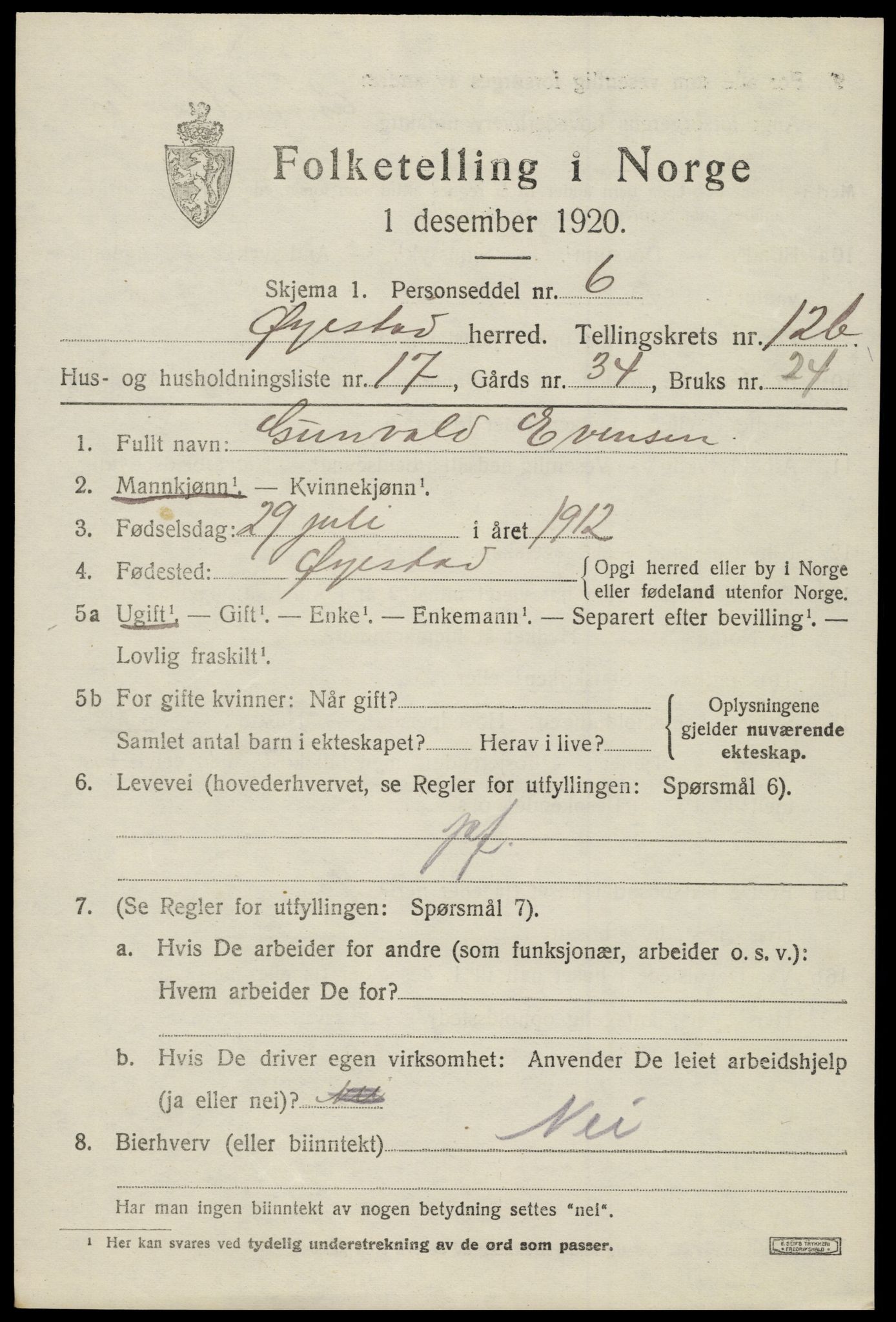 SAK, 1920 census for Øyestad, 1920, p. 7698