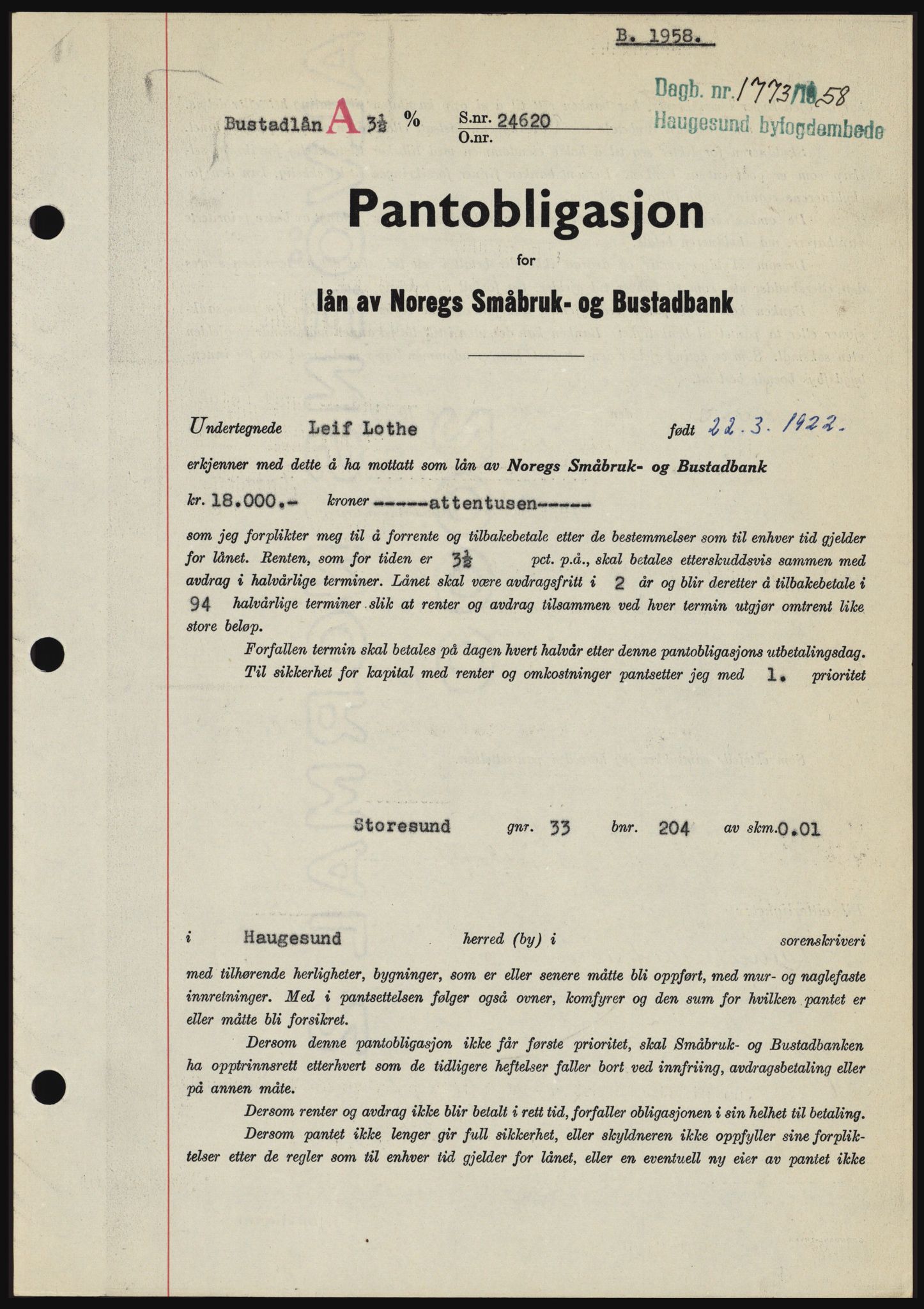 Haugesund tingrett, SAST/A-101415/01/II/IIC/L0044: Mortgage book no. B 44, 1958-1959, Diary no: : 1773/1958