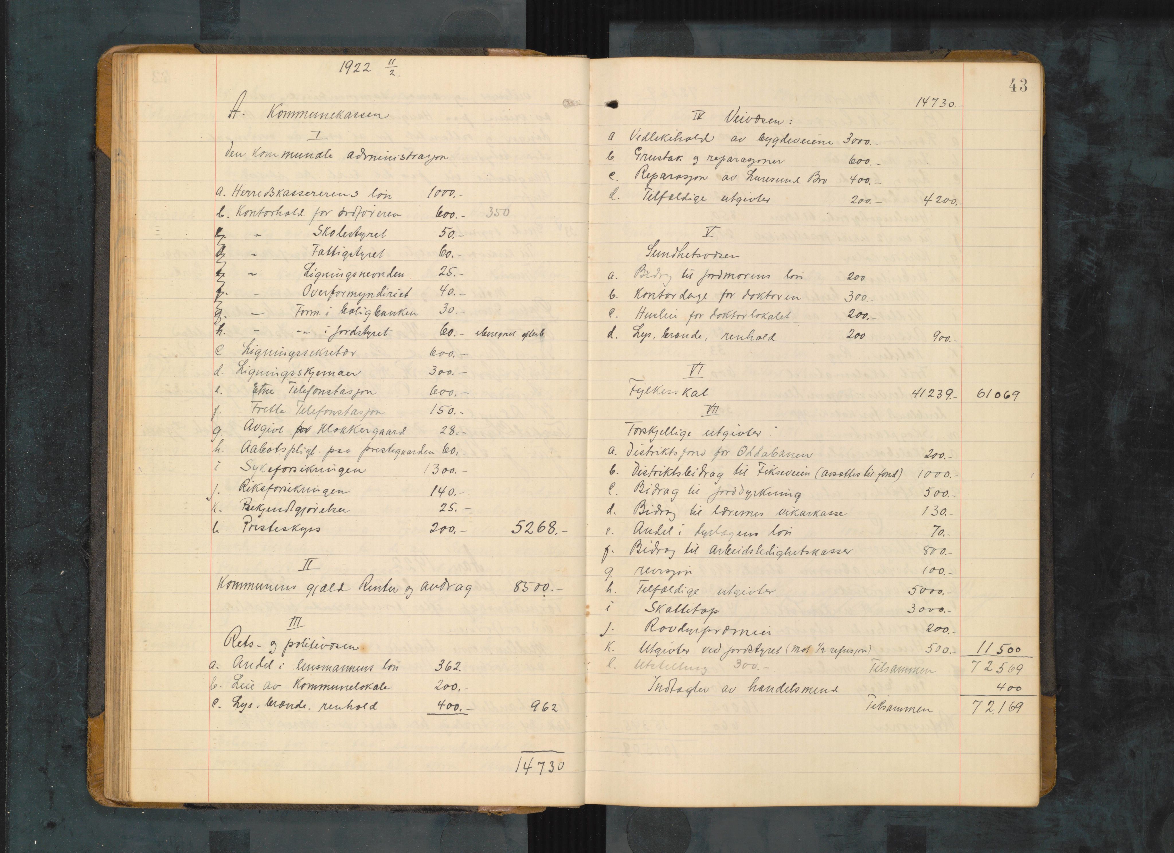 Etne kommune. Formannskapet, IKAH/1211-021/A/Aa/L0006: Møtebok for formannskap og heradsstyre, 1920-1929, p. 43