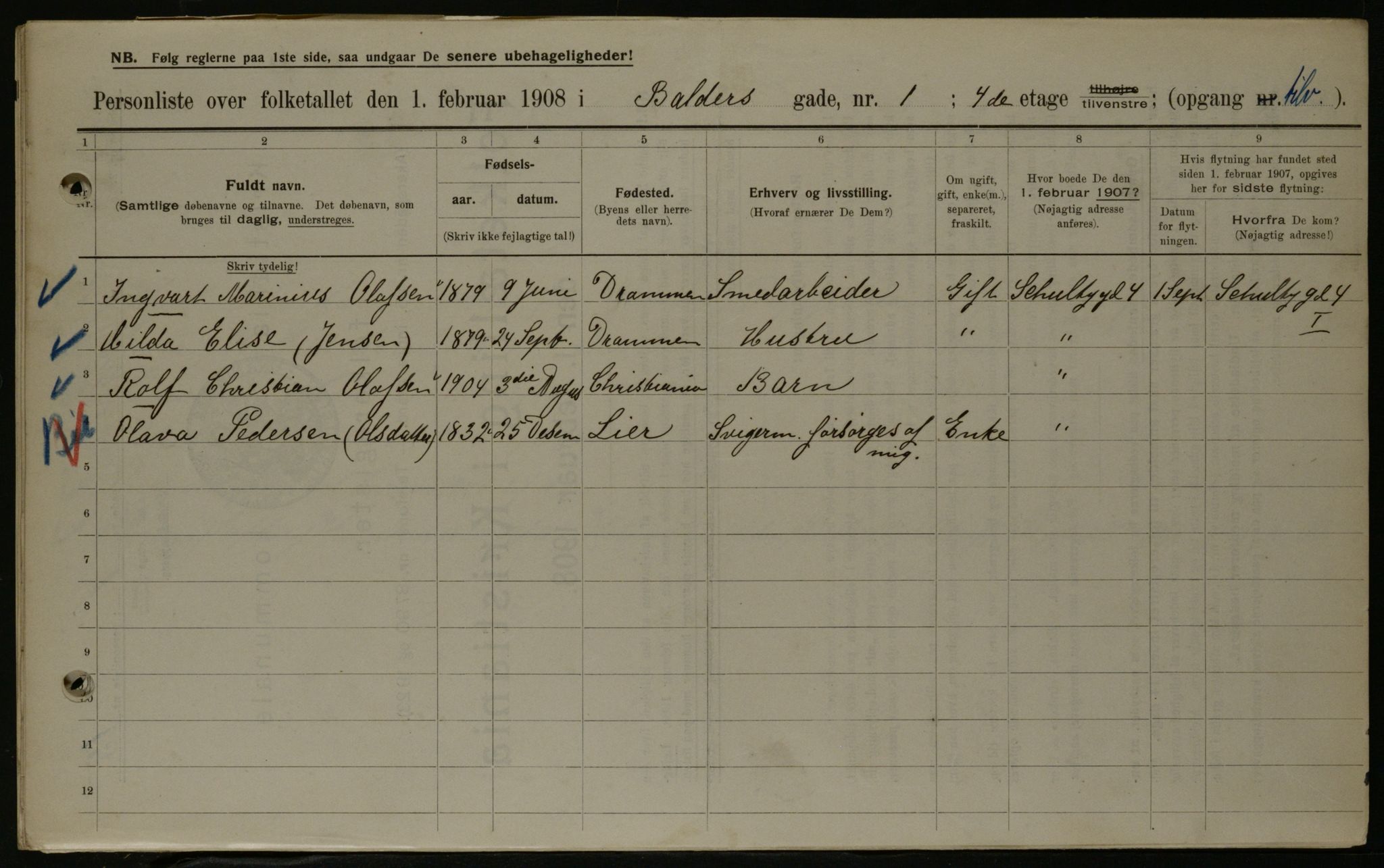 OBA, Municipal Census 1908 for Kristiania, 1908, p. 3068