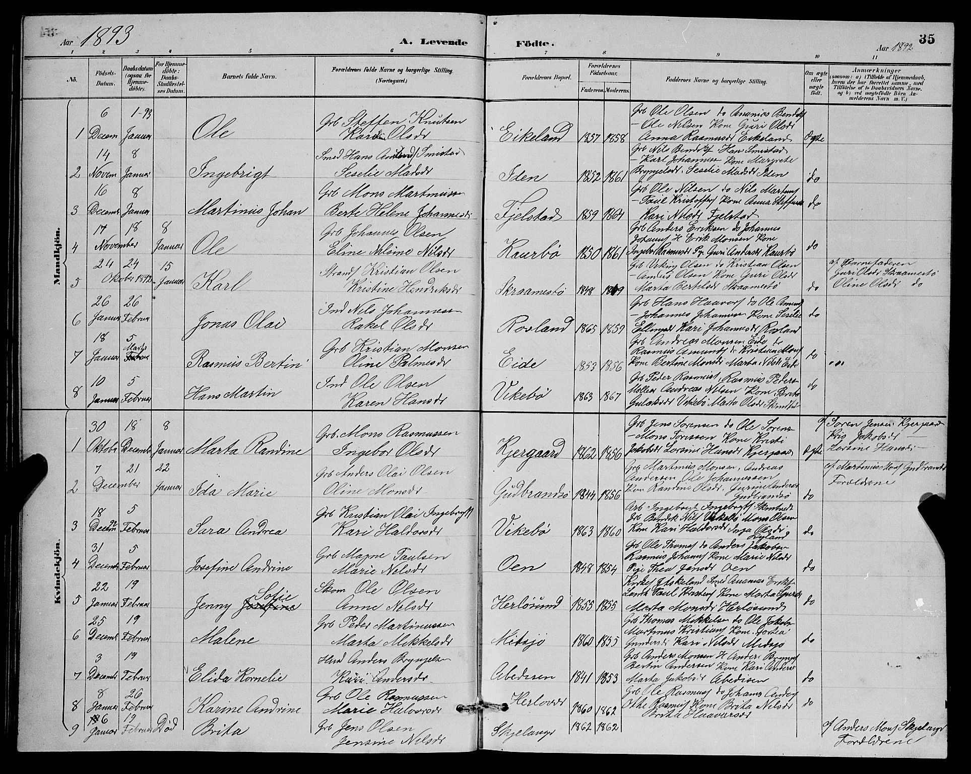 Herdla Sokneprestembete, SAB/A-75701/H/Hab: Parish register (copy) no. A 3, 1889-1899, p. 35