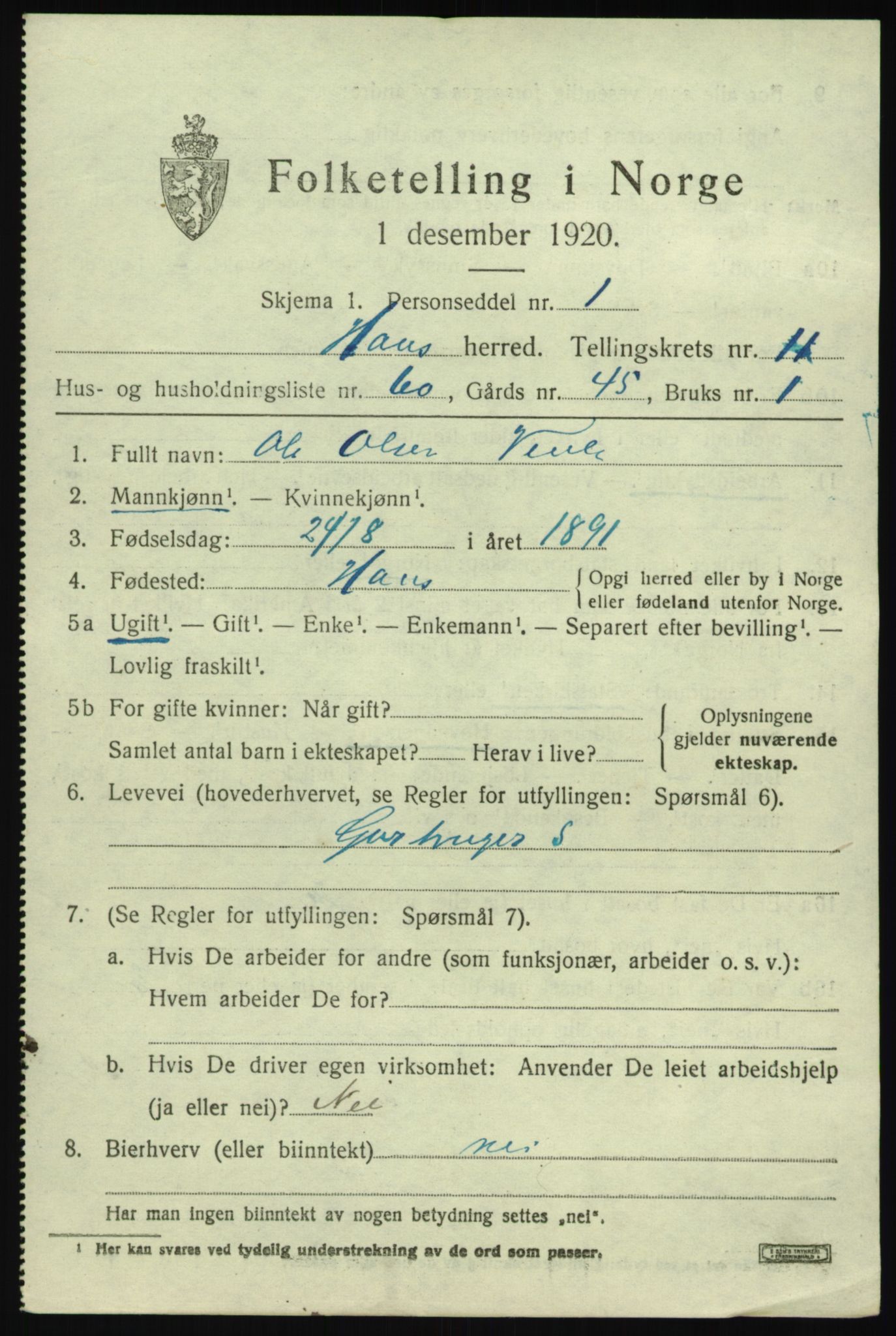 SAB, 1920 census for Haus, 1920, p. 7429