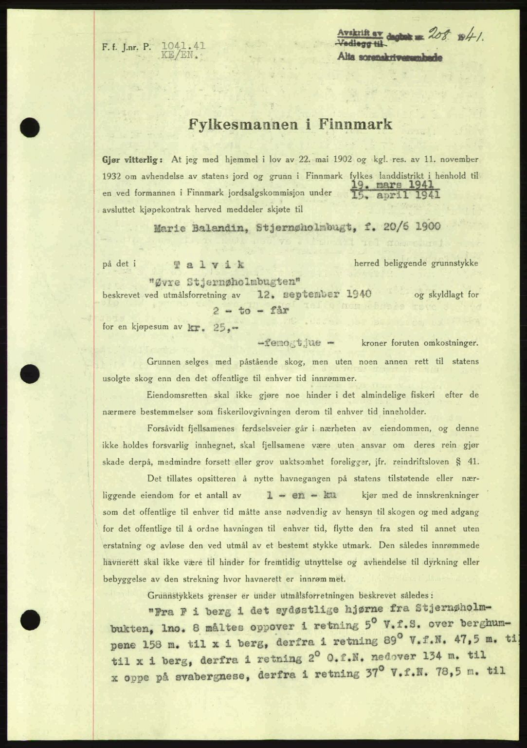 Alta fogderi/sorenskriveri, SATØ/SATØ-5/1/K/Kd/L0033pantebok: Mortgage book no. 33, 1940-1943, Diary no: : 208/1941