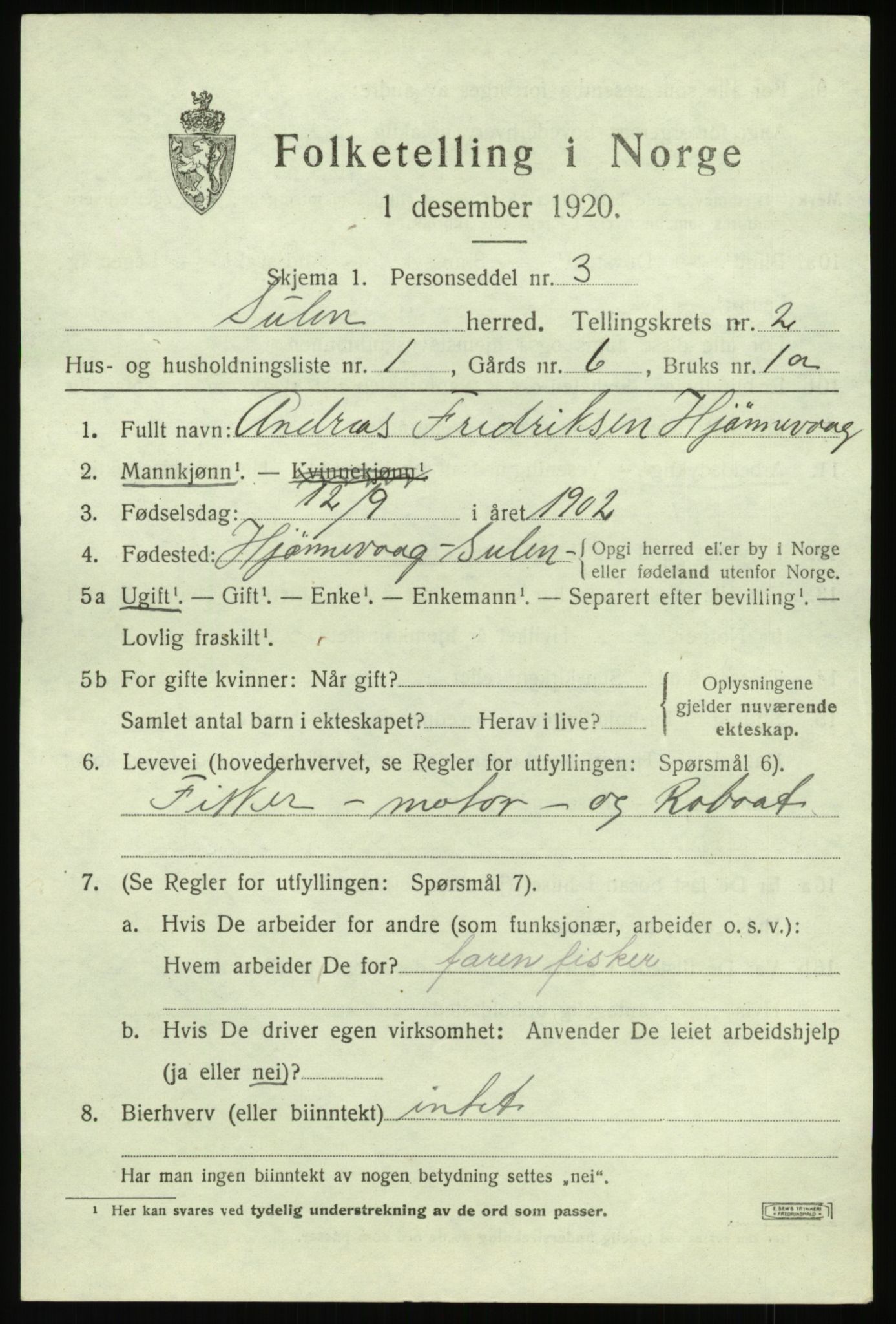 SAB, 1920 census for Solund, 1920, p. 1122