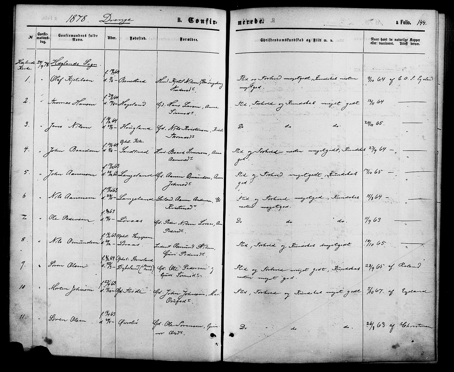 Vennesla sokneprestkontor, AV/SAK-1111-0045/Fa/Fac/L0008: Parish register (official) no. A 8, 1874-1883, p. 144