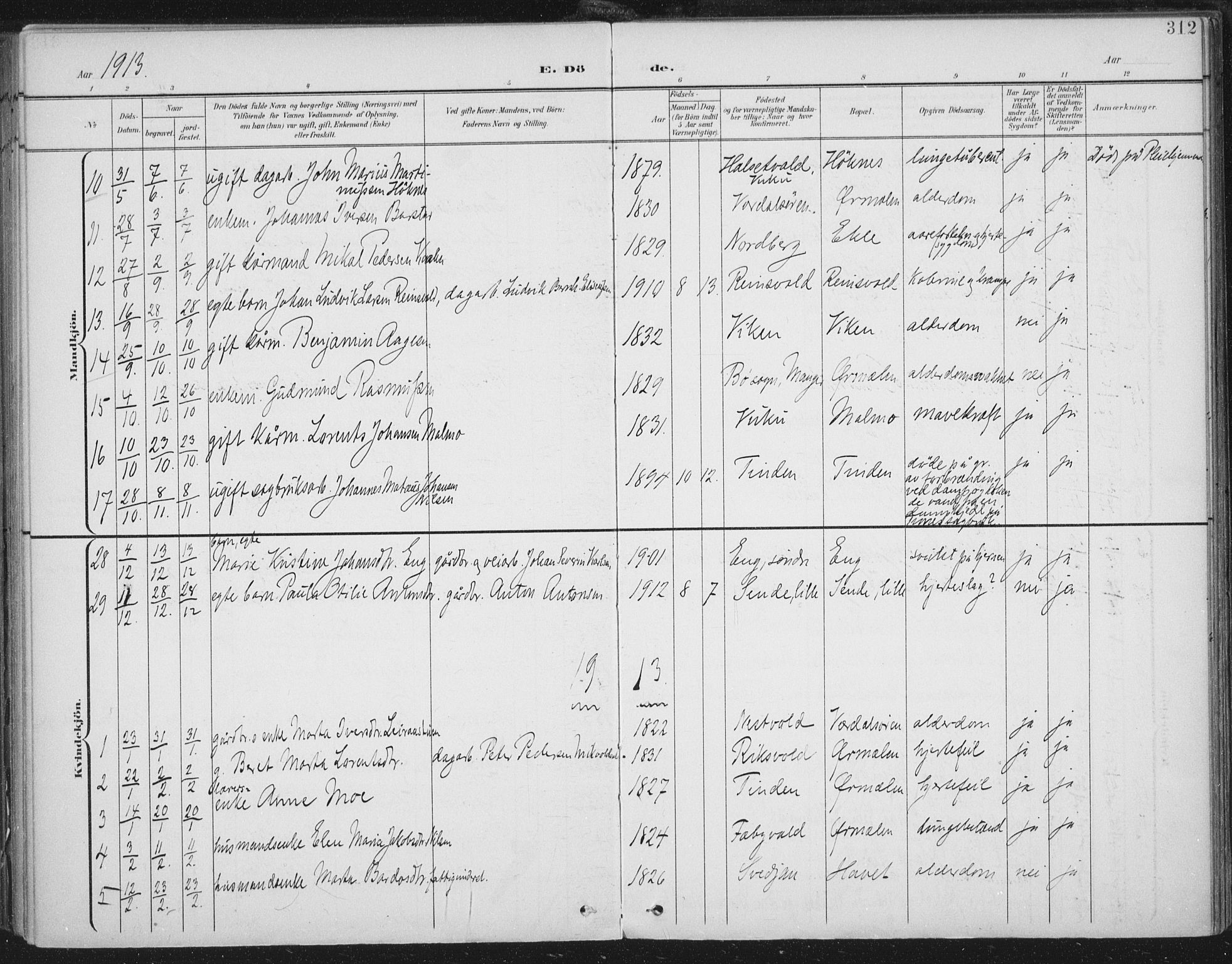 Ministerialprotokoller, klokkerbøker og fødselsregistre - Nord-Trøndelag, SAT/A-1458/723/L0246: Parish register (official) no. 723A15, 1900-1917, p. 312