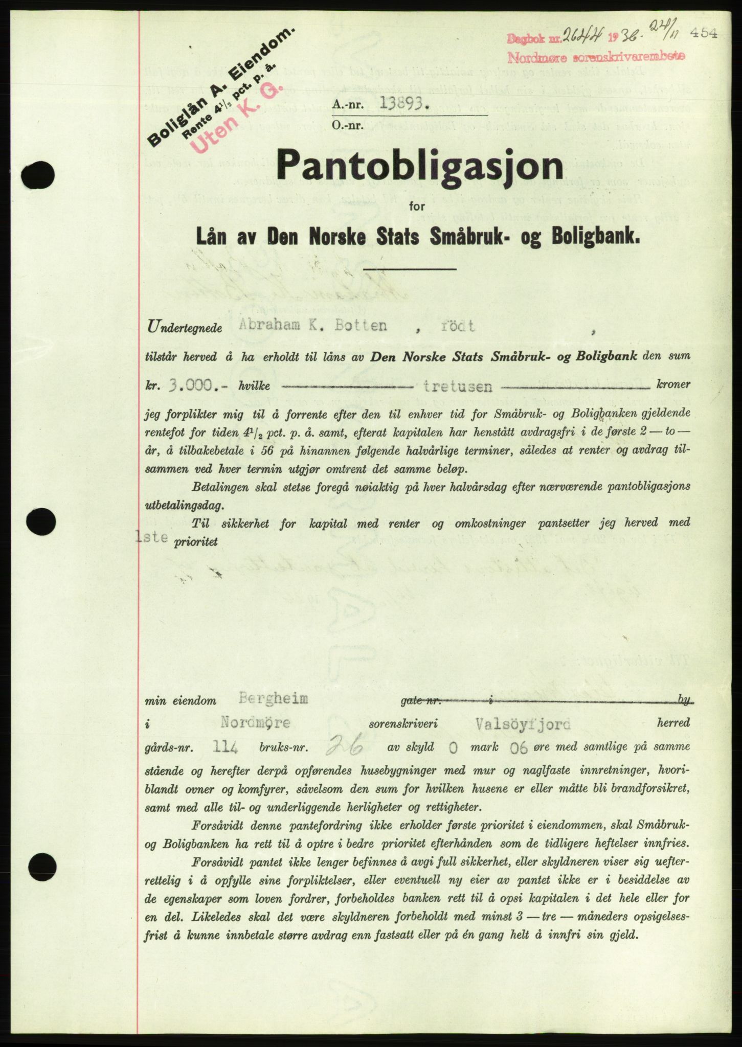 Nordmøre sorenskriveri, AV/SAT-A-4132/1/2/2Ca/L0090: Mortgage book no. B80, 1936-1937, Diary no: : 2644/1936