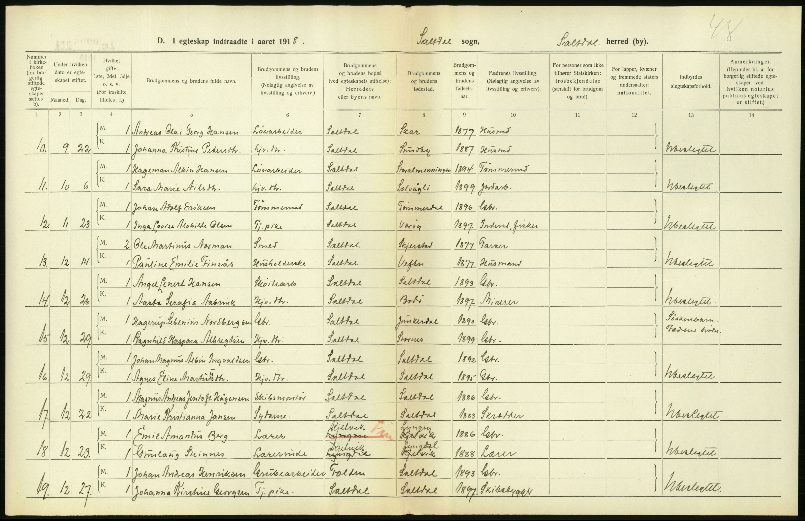 Statistisk sentralbyrå, Sosiodemografiske emner, Befolkning, AV/RA-S-2228/D/Df/Dfb/Dfbh/L0054: Nordland fylke: Gifte, dødfødte. Bygder og byer., 1918, p. 158