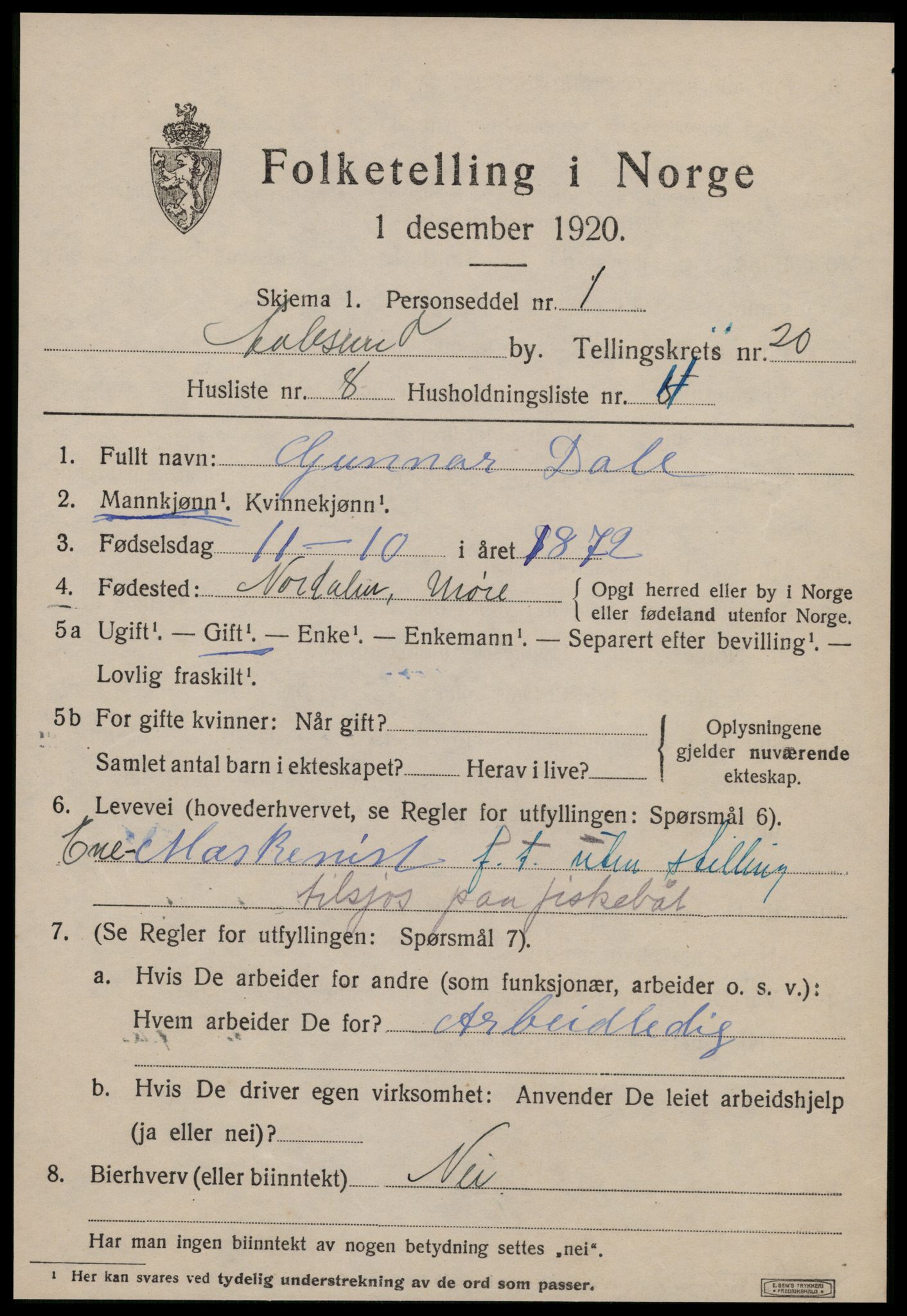 SAT, 1920 census for Ålesund, 1920, p. 37250