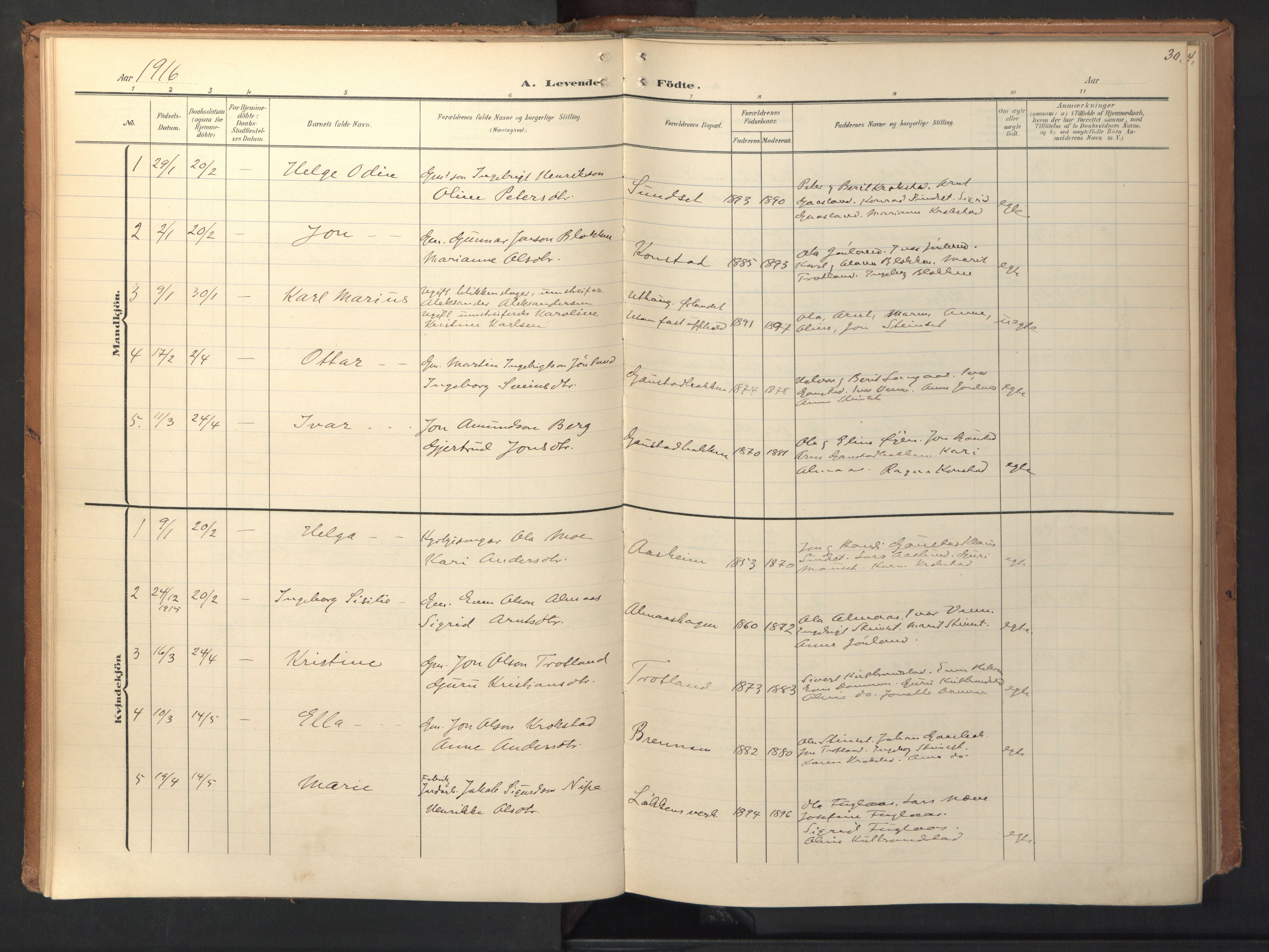 Ministerialprotokoller, klokkerbøker og fødselsregistre - Sør-Trøndelag, AV/SAT-A-1456/694/L1128: Parish register (official) no. 694A02, 1906-1931, p. 30