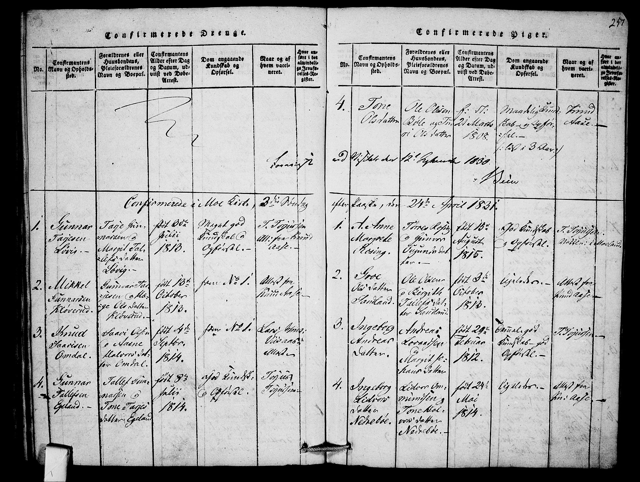 Mo kirkebøker, SAKO/A-286/F/Fb/L0001: Parish register (official) no. II 1, 1814-1844, p. 257