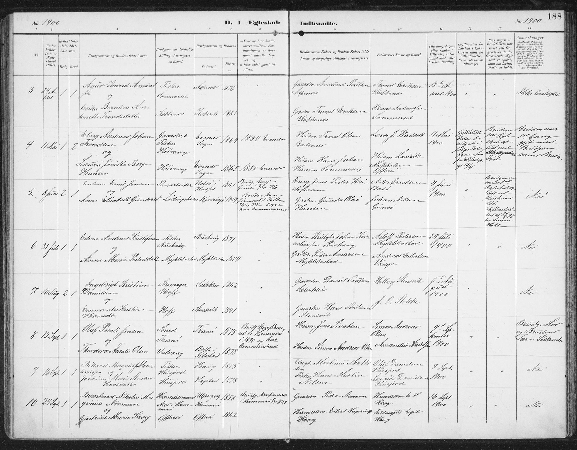 Ministerialprotokoller, klokkerbøker og fødselsregistre - Nordland, AV/SAT-A-1459/872/L1036: Parish register (official) no. 872A11, 1897-1913, p. 188