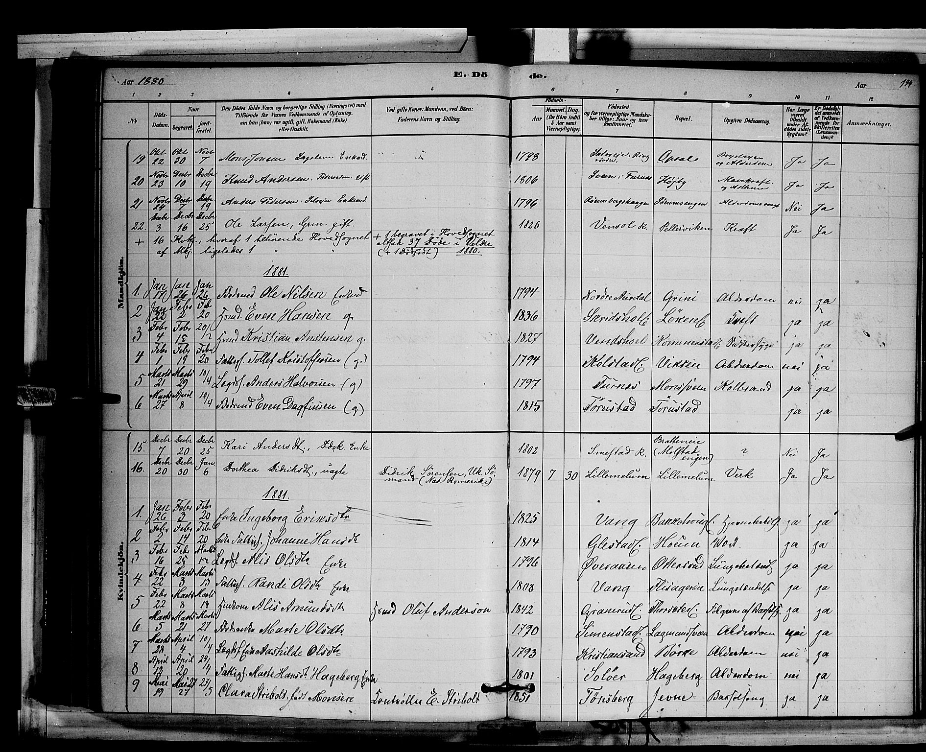 Ringsaker prestekontor, AV/SAH-PREST-014/L/La/L0011: Parish register (copy) no. 11, 1879-1890, p. 194