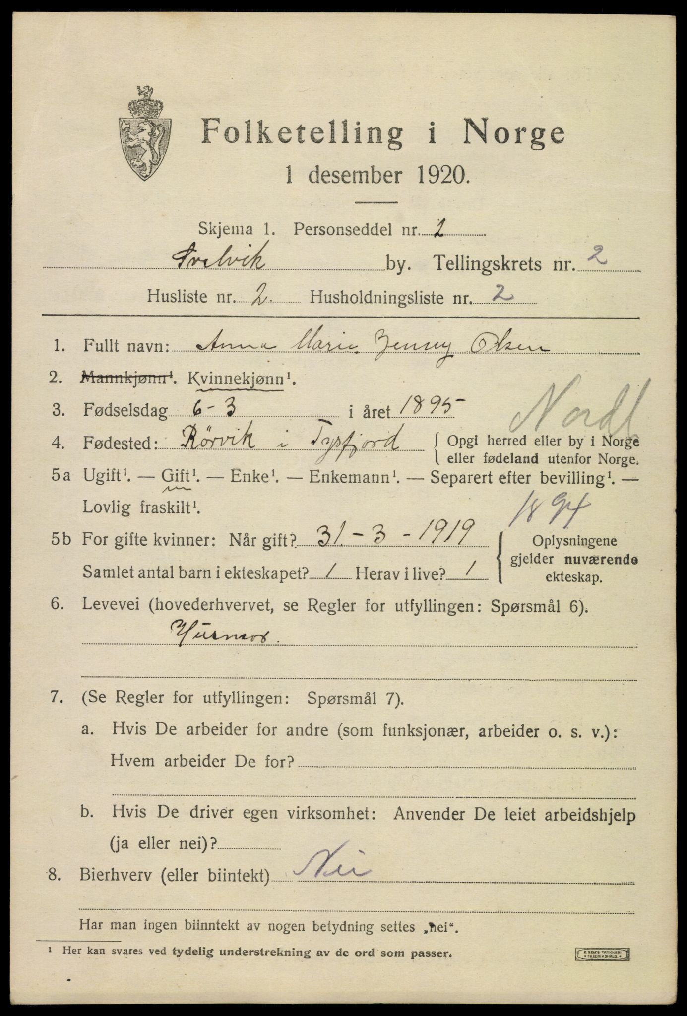 SAKO, 1920 census for Svelvik, 1920, p. 2501