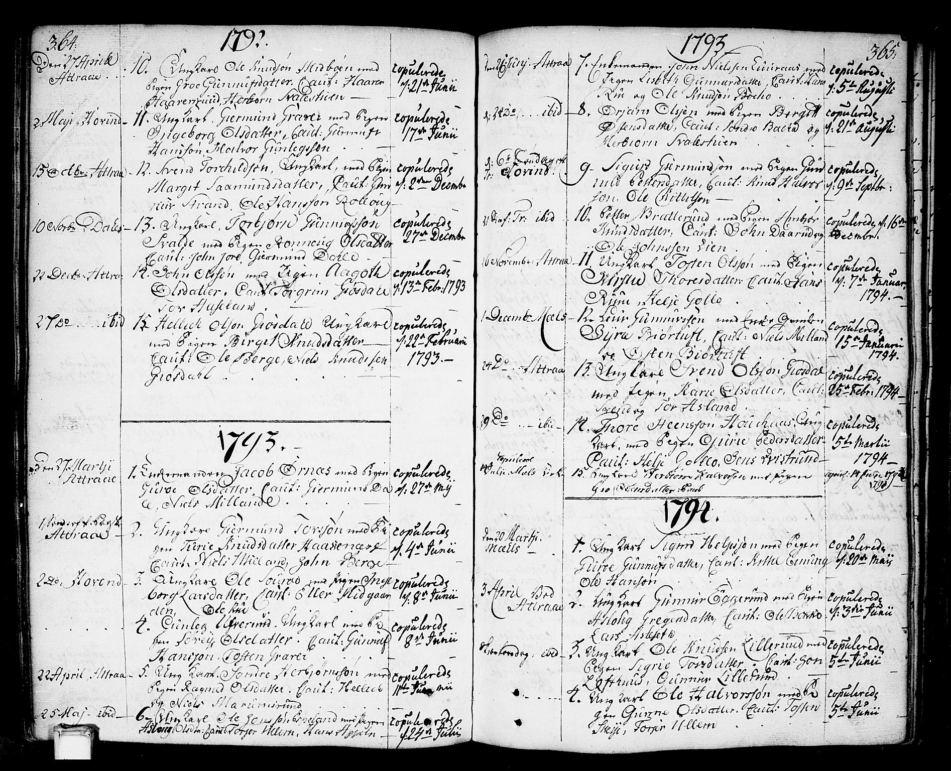 Tinn kirkebøker, AV/SAKO-A-308/F/Fa/L0002: Parish register (official) no. I 2, 1757-1810, p. 364-365