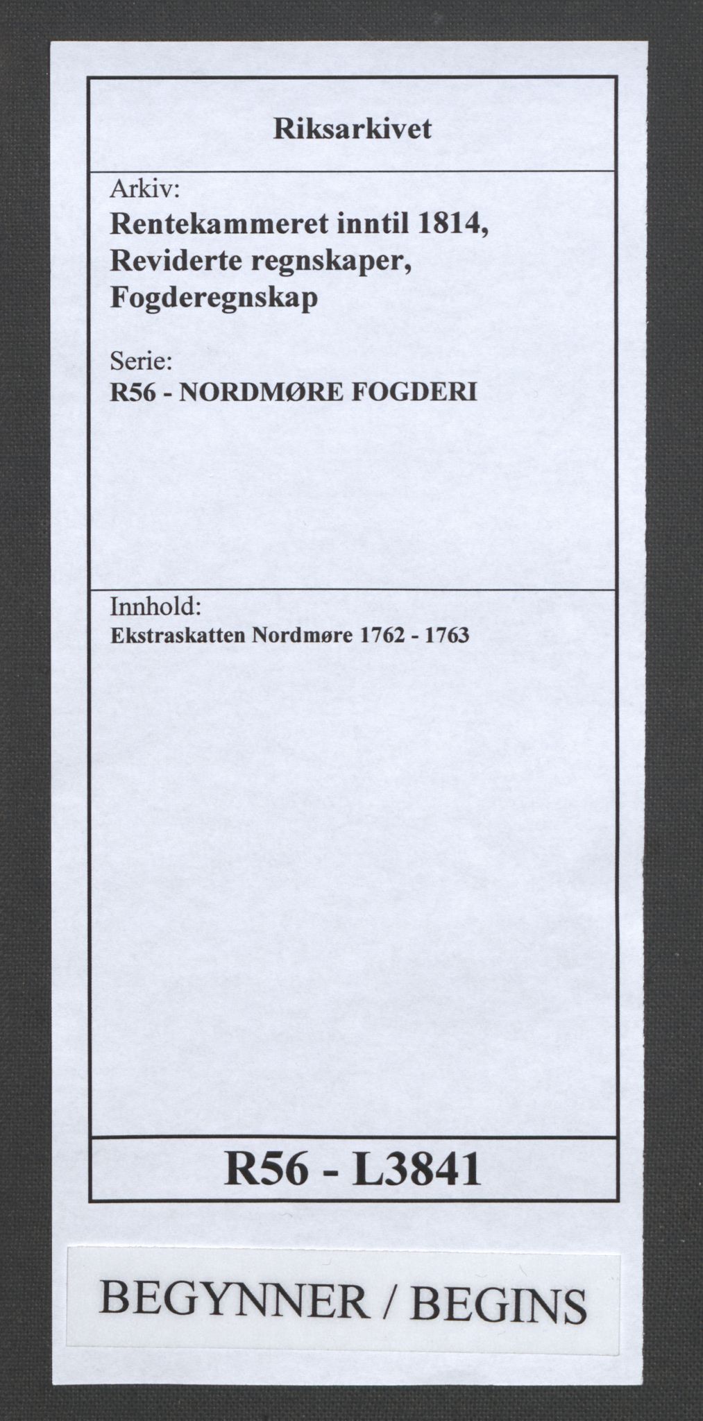 Rentekammeret inntil 1814, Reviderte regnskaper, Fogderegnskap, AV/RA-EA-4092/R56/L3841: Ekstraskatten Nordmøre, 1762-1763, p. 1