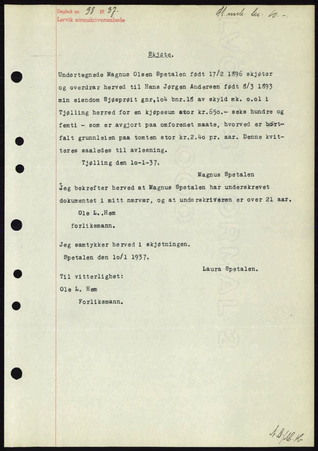 Larvik sorenskriveri, SAKO/A-83/G/Ga/Gab/L0067: Mortgage book no. A-1, 1936-1937, Diary no: : 38/1937