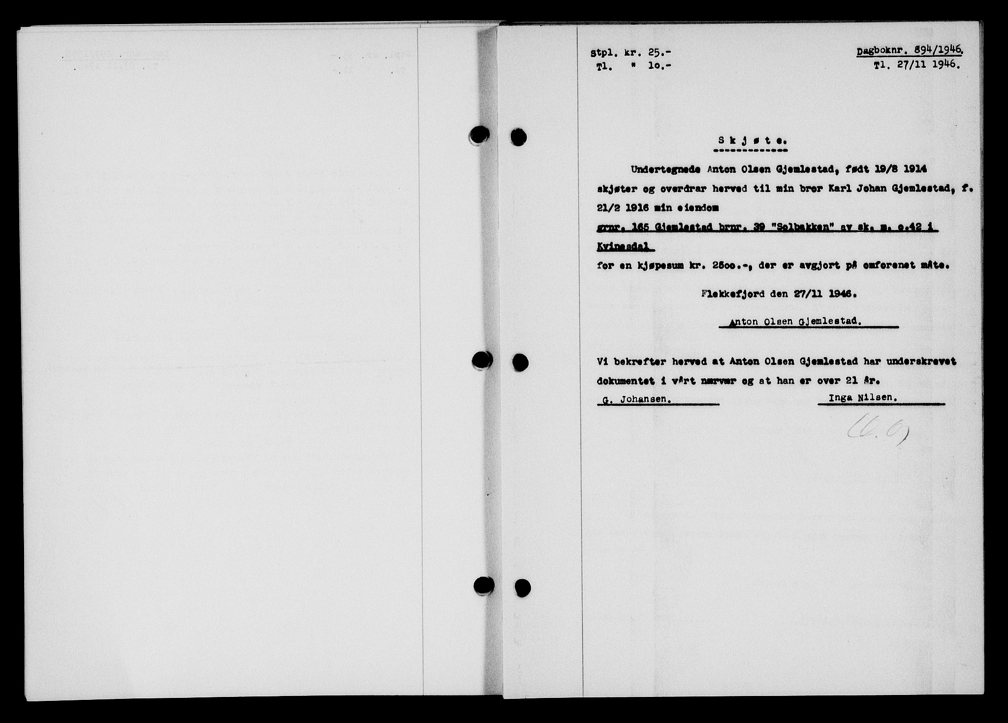 Flekkefjord sorenskriveri, SAK/1221-0001/G/Gb/Gba/L0061: Mortgage book no. A-9, 1946-1947, Diary no: : 894/1946