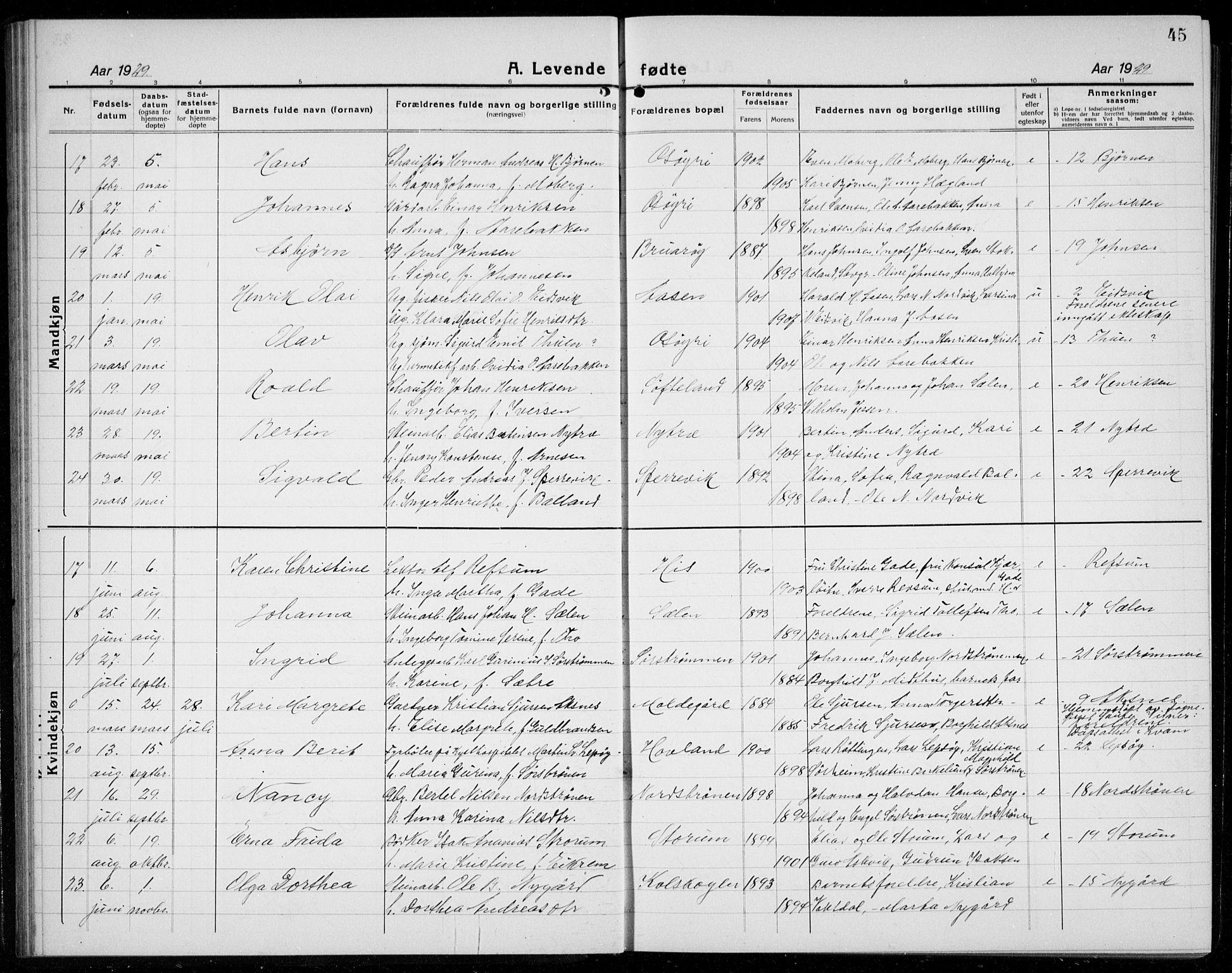 Os sokneprestembete, AV/SAB-A-99929: Parish register (copy) no. A 5, 1923-1941, p. 45