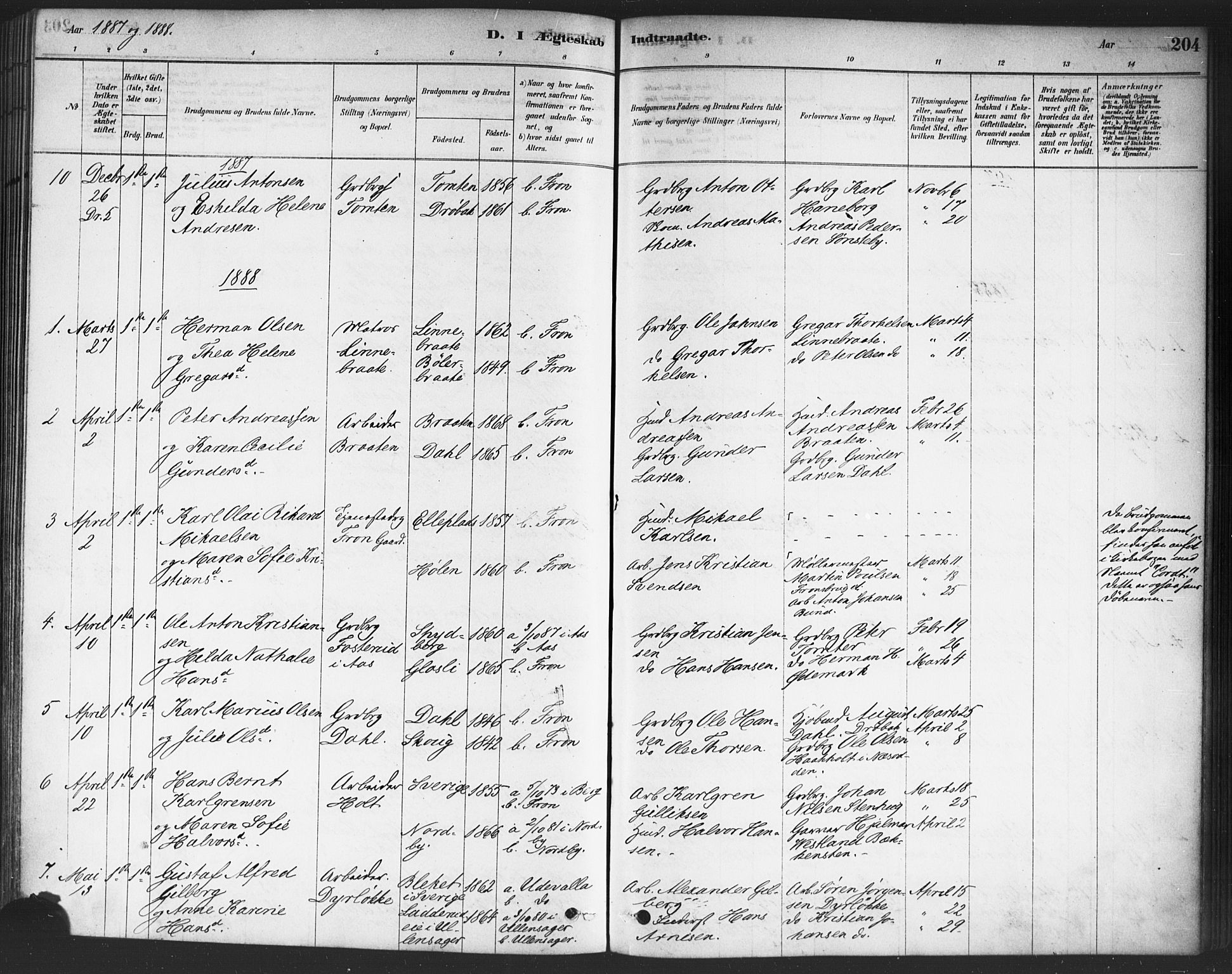 Drøbak prestekontor Kirkebøker, SAO/A-10142a/F/Fc/L0002: Parish register (official) no. III 2, 1878-1891, p. 204