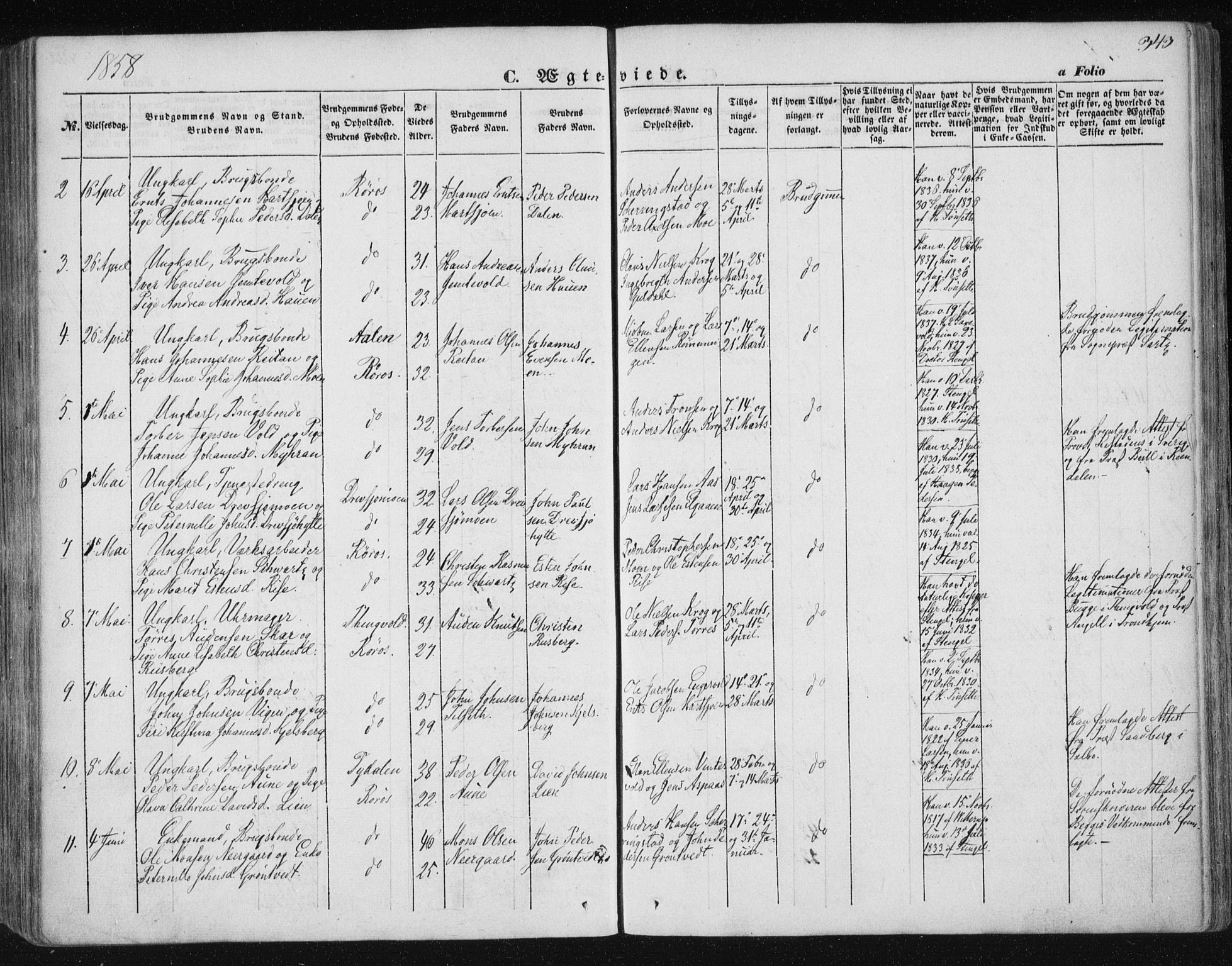 Ministerialprotokoller, klokkerbøker og fødselsregistre - Sør-Trøndelag, AV/SAT-A-1456/681/L0931: Parish register (official) no. 681A09, 1845-1859, p. 343