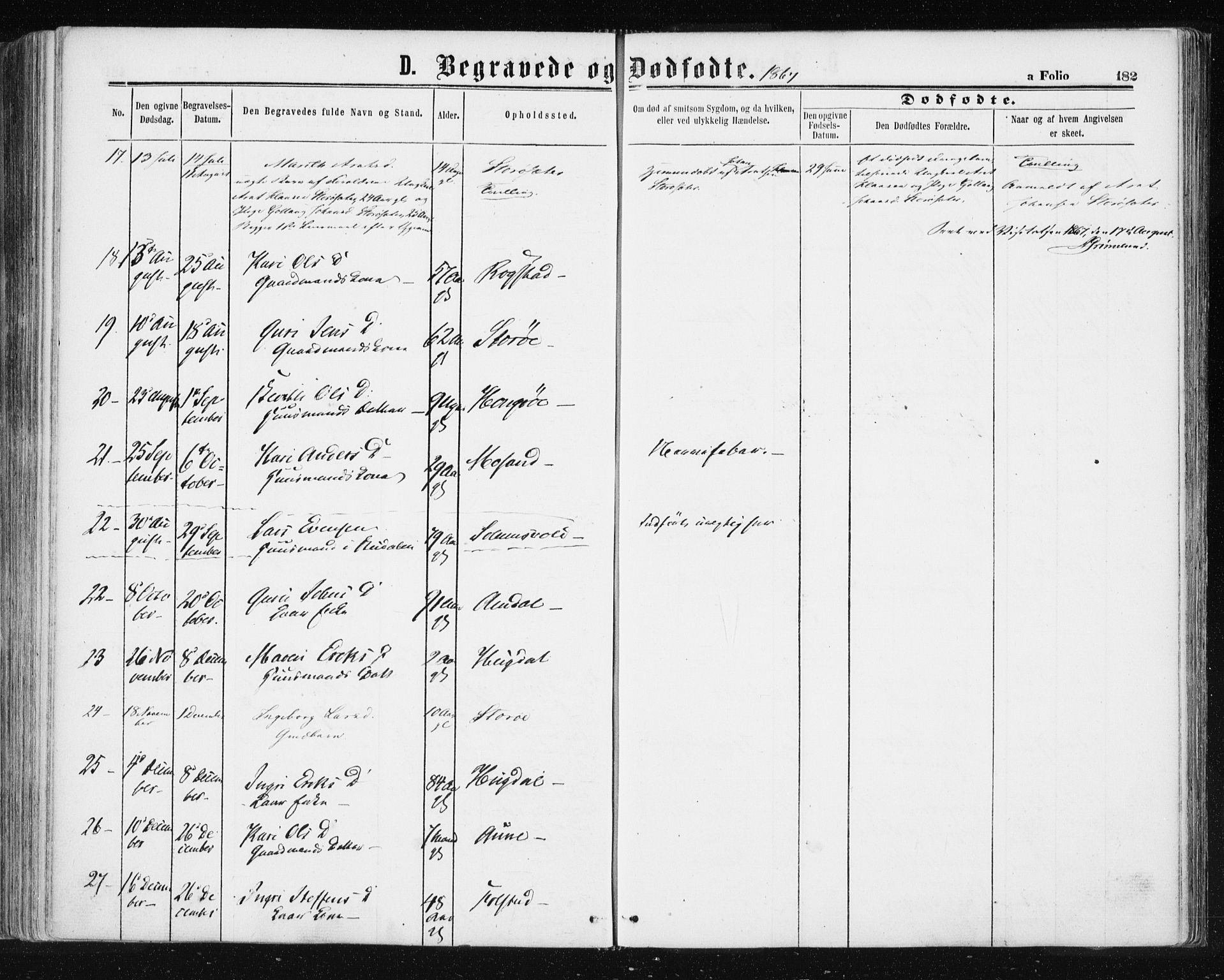 Ministerialprotokoller, klokkerbøker og fødselsregistre - Sør-Trøndelag, SAT/A-1456/687/L1001: Parish register (official) no. 687A07, 1863-1878, p. 182
