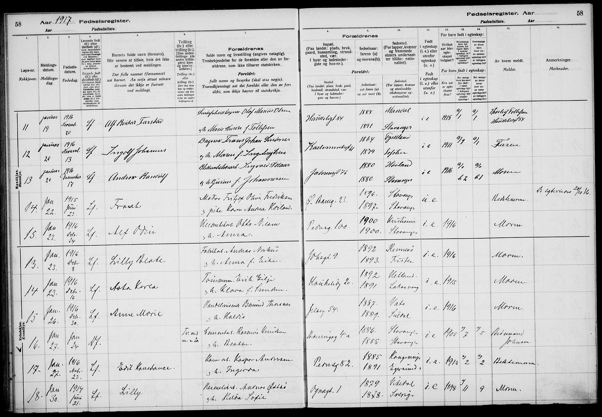 St. Johannes sokneprestkontor, AV/SAST-A-101814/002/A/L0001: Birth register no. 1, 1916-1919, p. 58