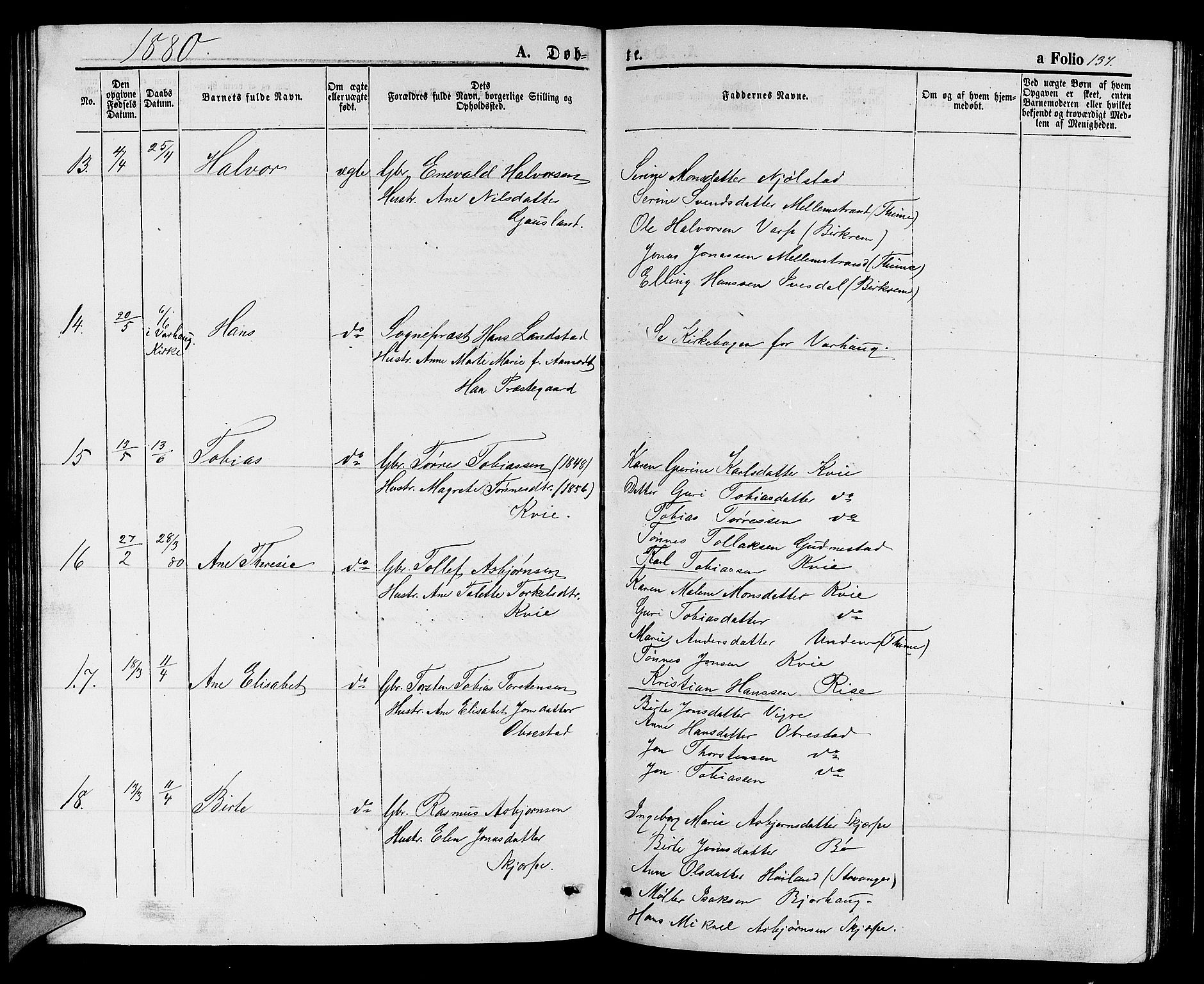 Hå sokneprestkontor, AV/SAST-A-101801/001/30BB/L0001: Parish register (copy) no. B 1, 1854-1883, p. 137