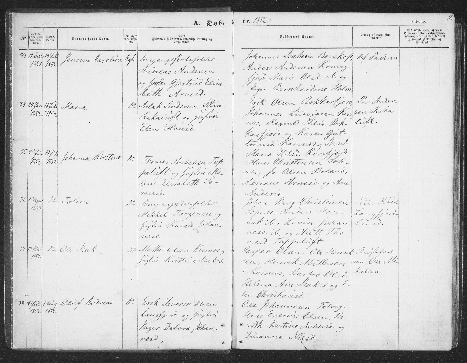 Talvik sokneprestkontor, AV/SATØ-S-1337/H/Ha/L0010kirke: Parish register (official) no. 10, 1852-1864, p. 2