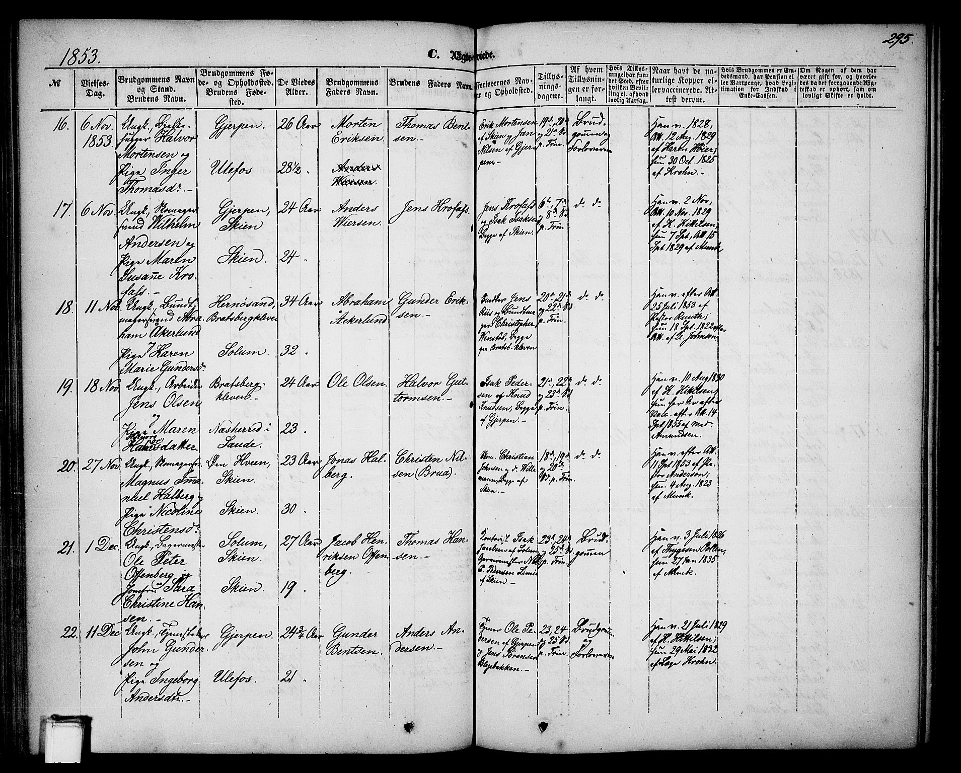 Skien kirkebøker, SAKO/A-302/G/Ga/L0004: Parish register (copy) no. 4, 1843-1867, p. 295