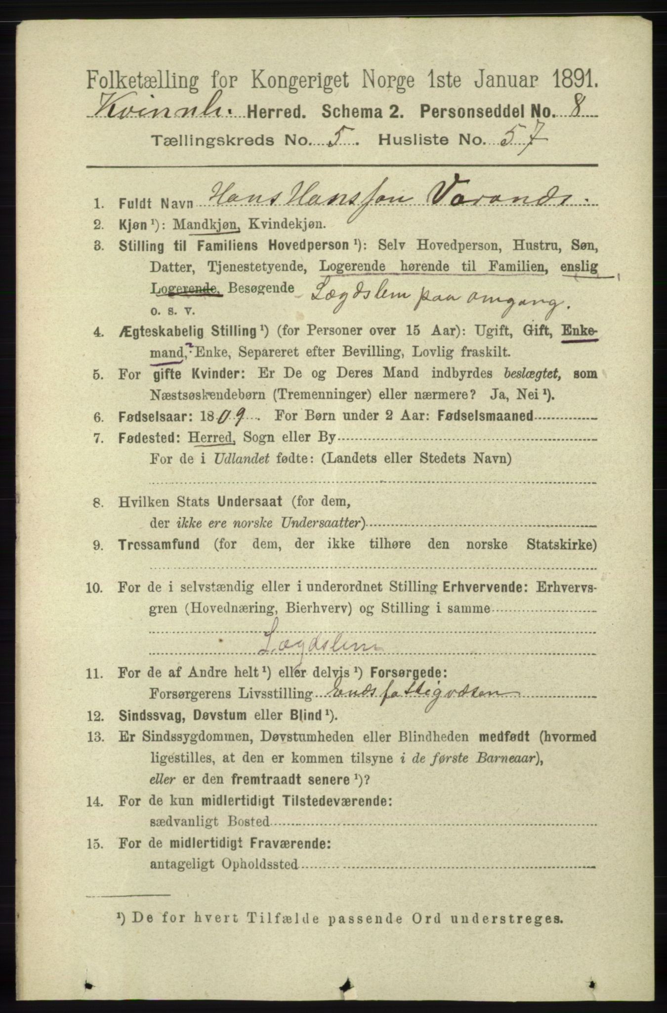 RA, 1891 census for 1224 Kvinnherad, 1891, p. 2074