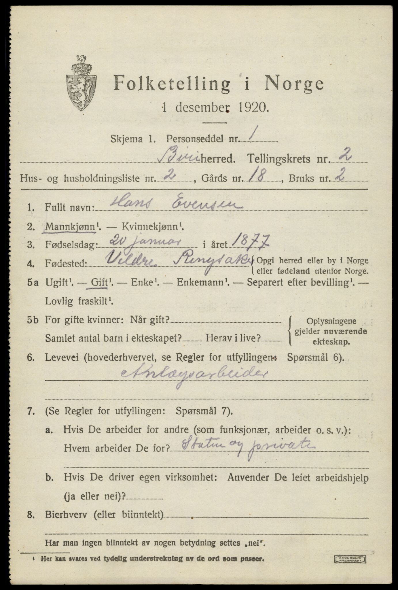 SAH, 1920 census for Biri, 1920, p. 2041