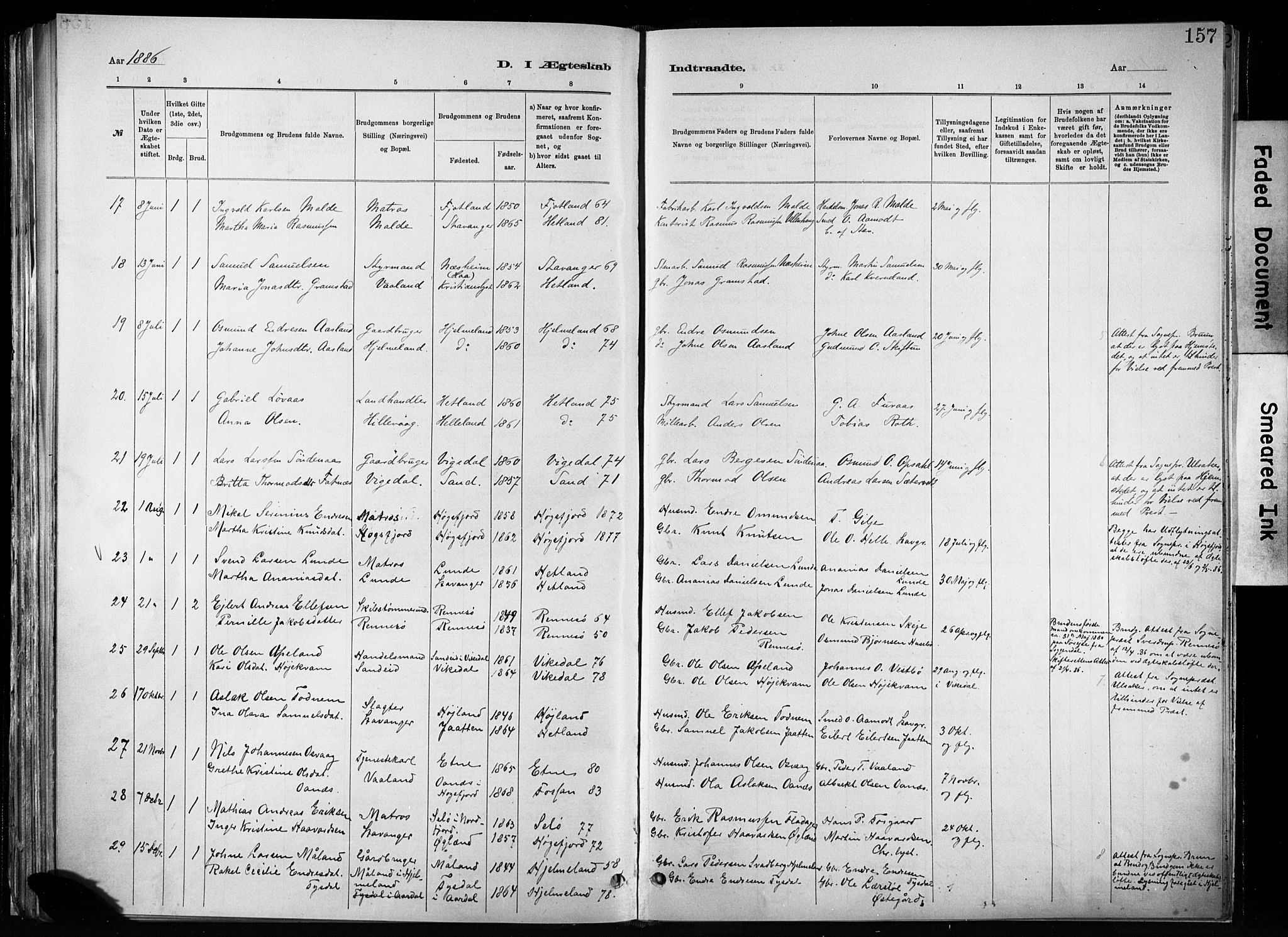 Hetland sokneprestkontor, SAST/A-101826/30/30BA/L0011: Parish register (official) no. A 11, 1884-1911, p. 157