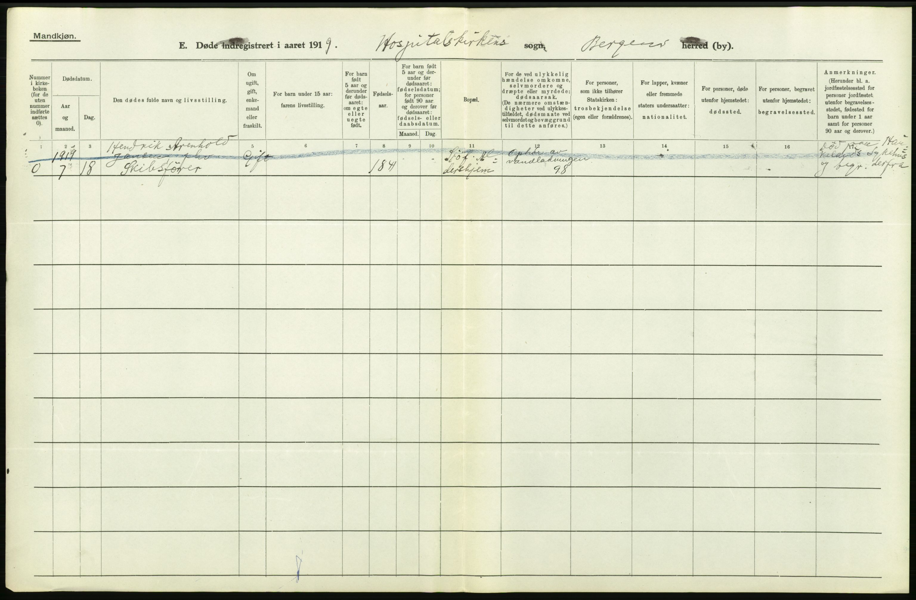 Statistisk sentralbyrå, Sosiodemografiske emner, Befolkning, RA/S-2228/D/Df/Dfb/Dfbi/L0035: Bergen: Gifte, døde, dødfødte., 1919, p. 416