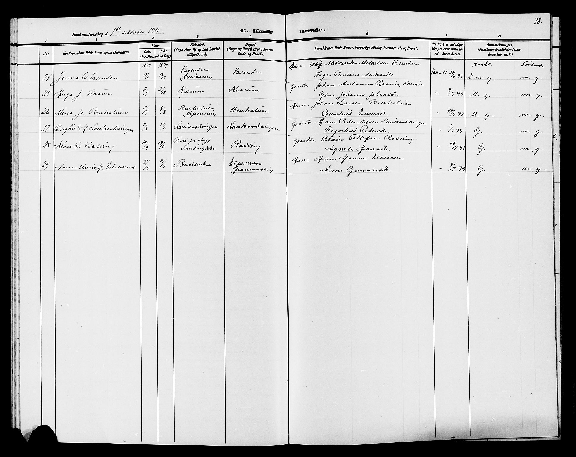 Søndre Land prestekontor, SAH/PREST-122/L/L0005: Parish register (copy) no. 5, 1902-1911, p. 78