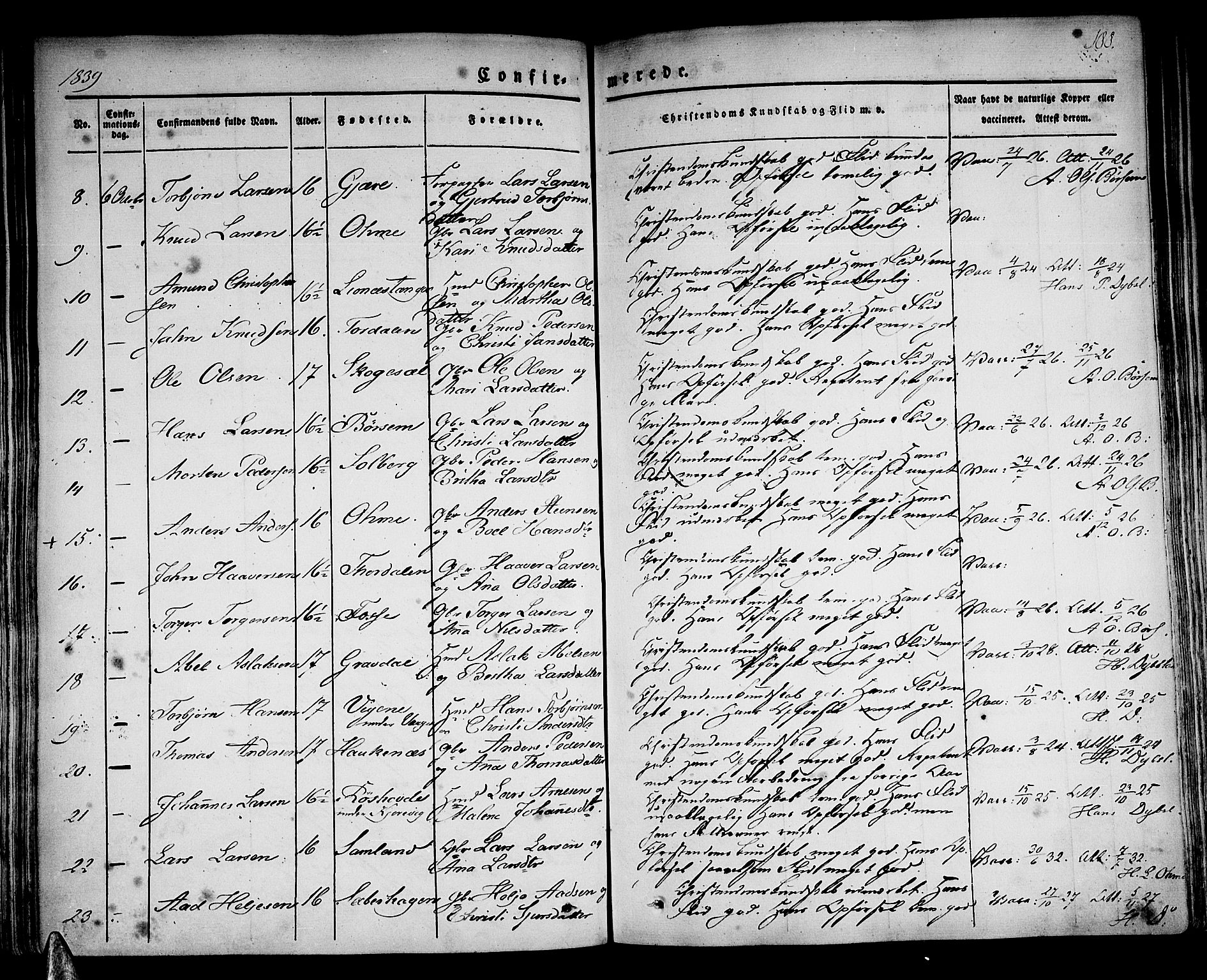 Strandebarm sokneprestembete, AV/SAB-A-78401/H/Haa: Parish register (official) no. A 6, 1826-1843, p. 188