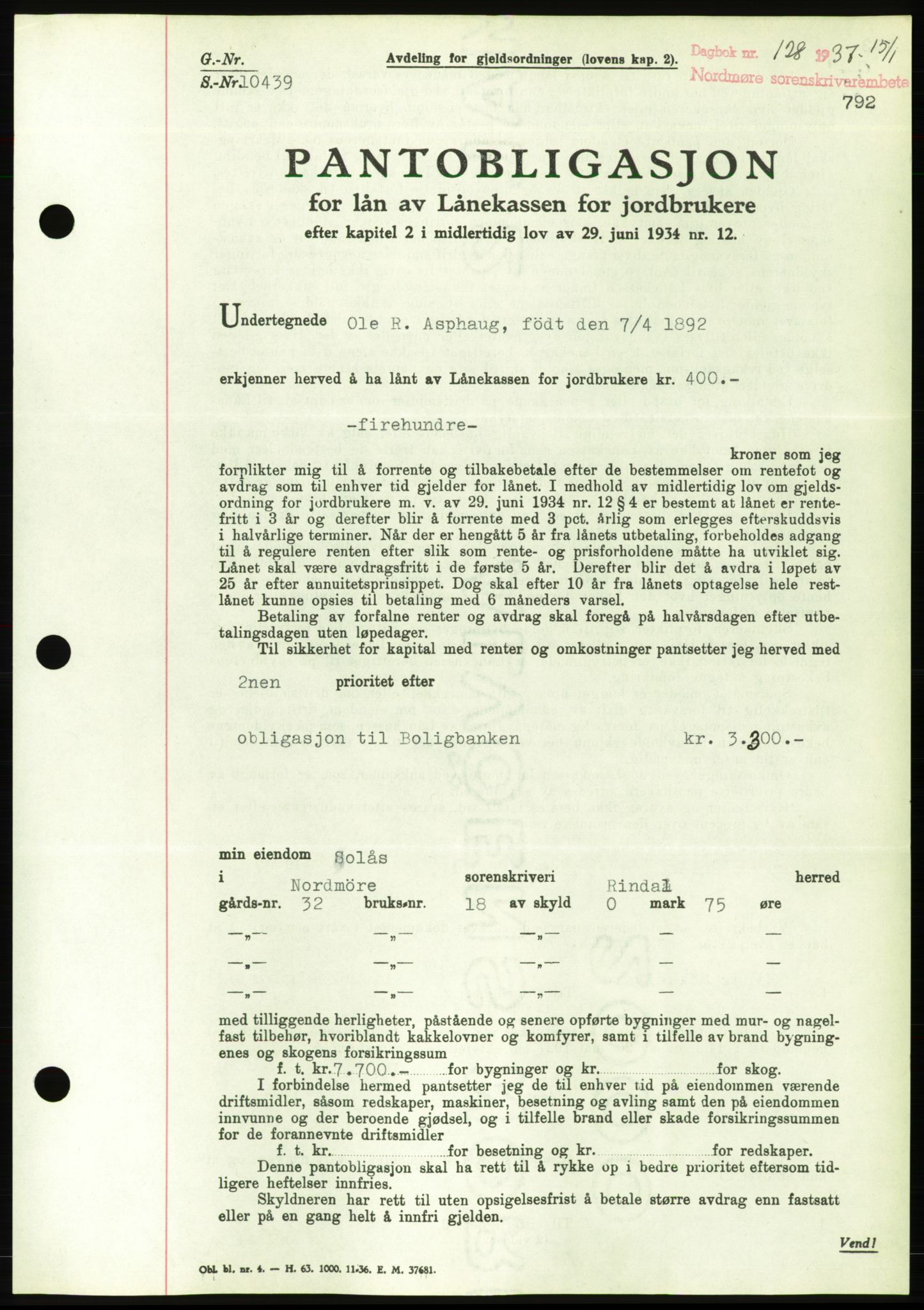 Nordmøre sorenskriveri, AV/SAT-A-4132/1/2/2Ca/L0090: Mortgage book no. B80, 1936-1937, Diary no: : 128/1937