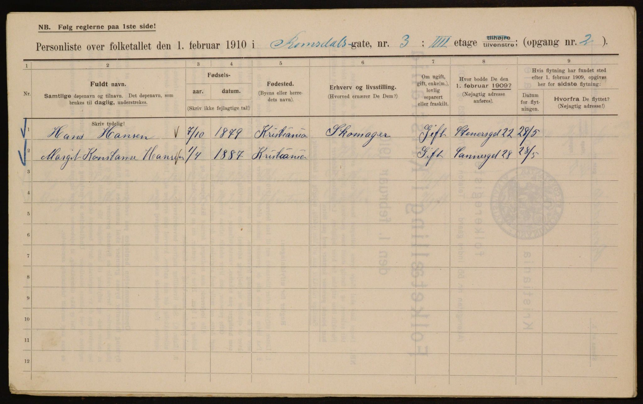 OBA, Municipal Census 1910 for Kristiania, 1910, p. 79526