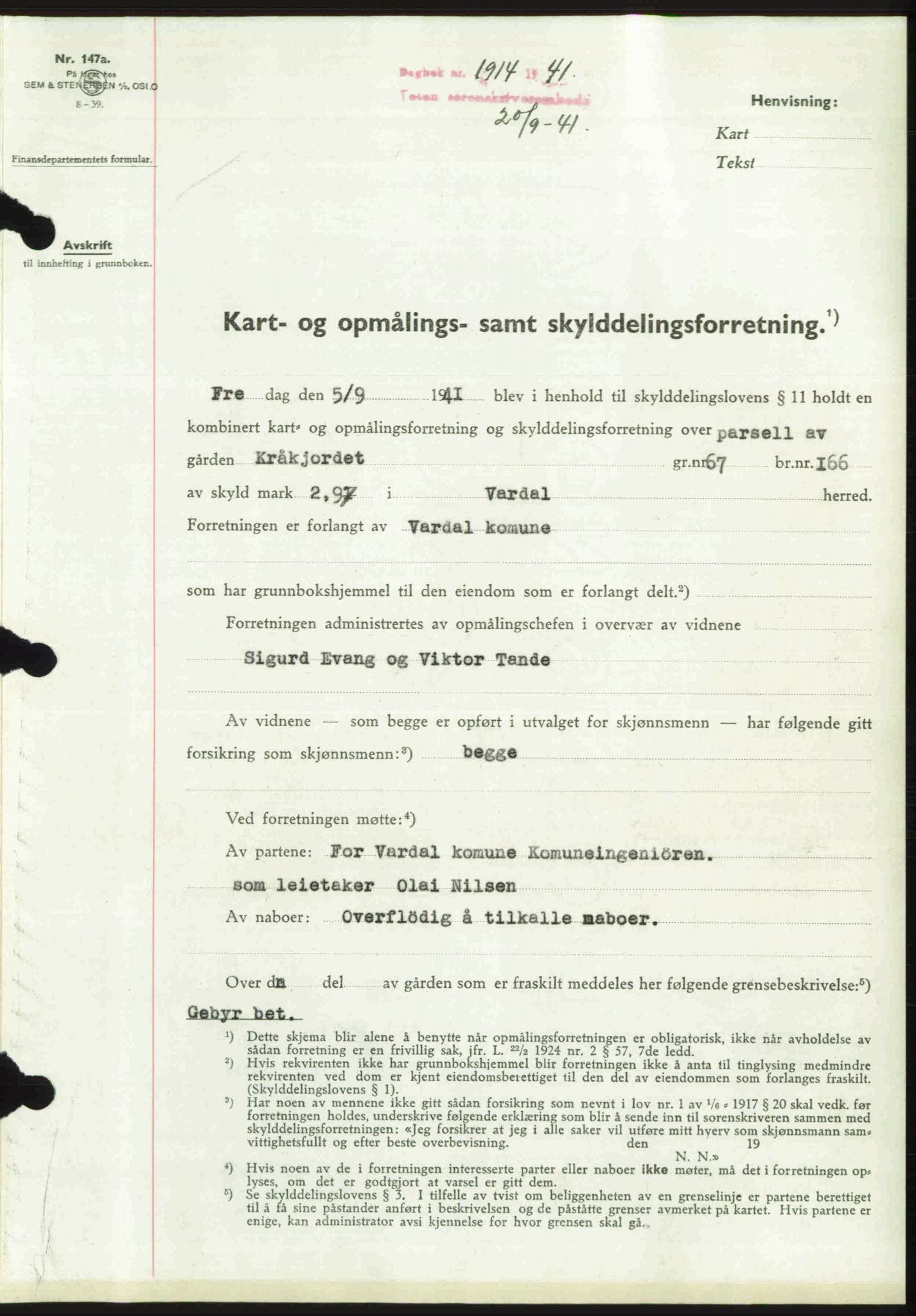 Toten tingrett, SAH/TING-006/H/Hb/Hbc/L0008: Mortgage book no. Hbc-08, 1941-1941, Diary no: : 1914/1941