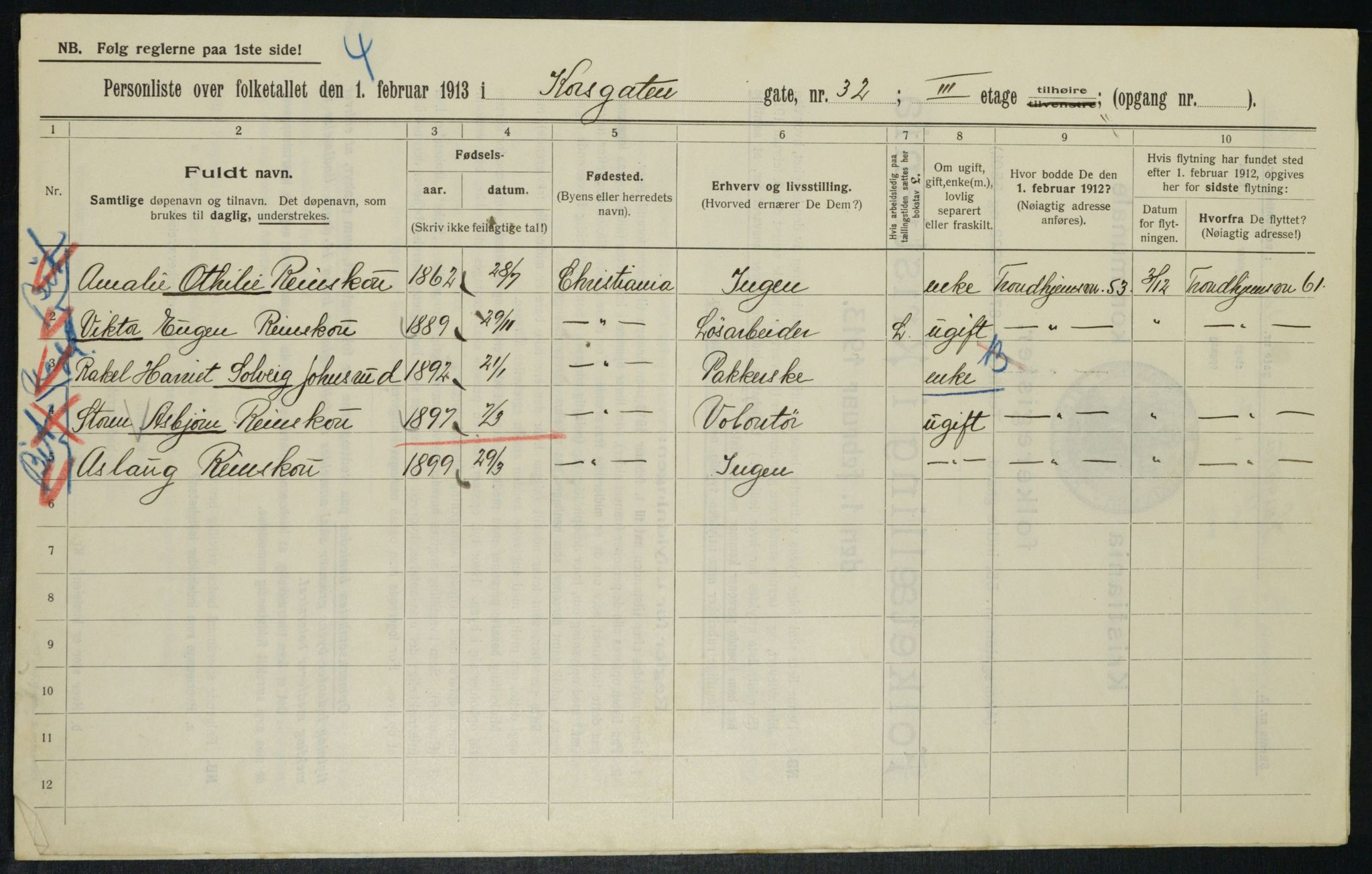 OBA, Municipal Census 1913 for Kristiania, 1913, p. 53606