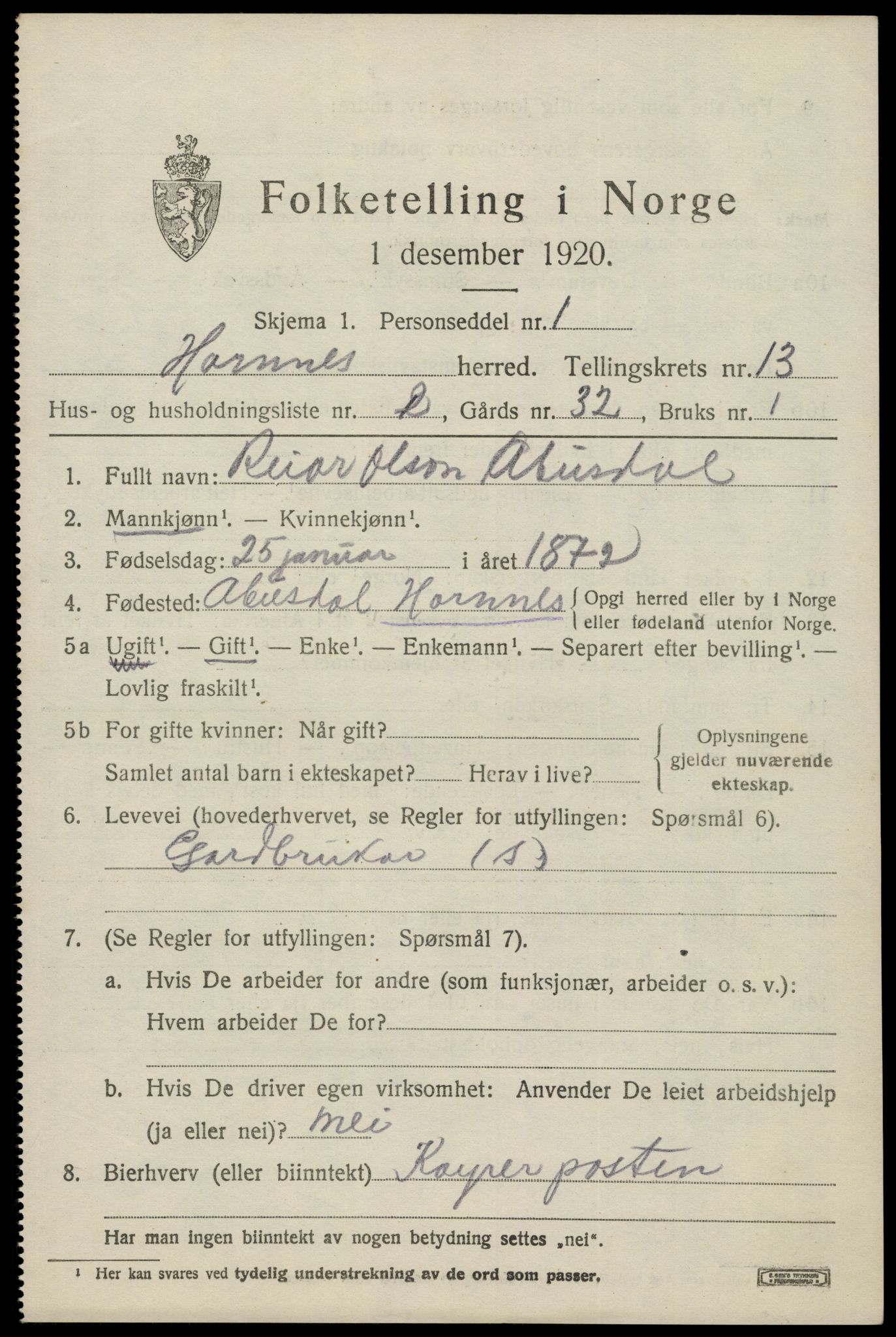 SAK, 1920 census for Hornnes, 1920, p. 3065