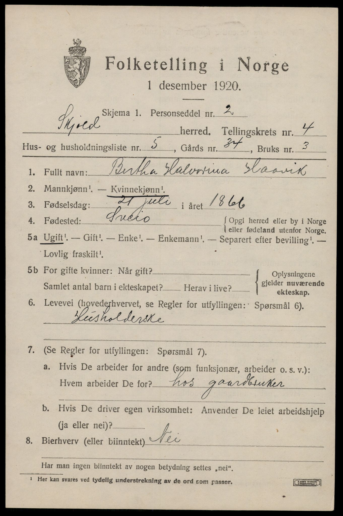 SAST, 1920 census for Skjold, 1920, p. 2378