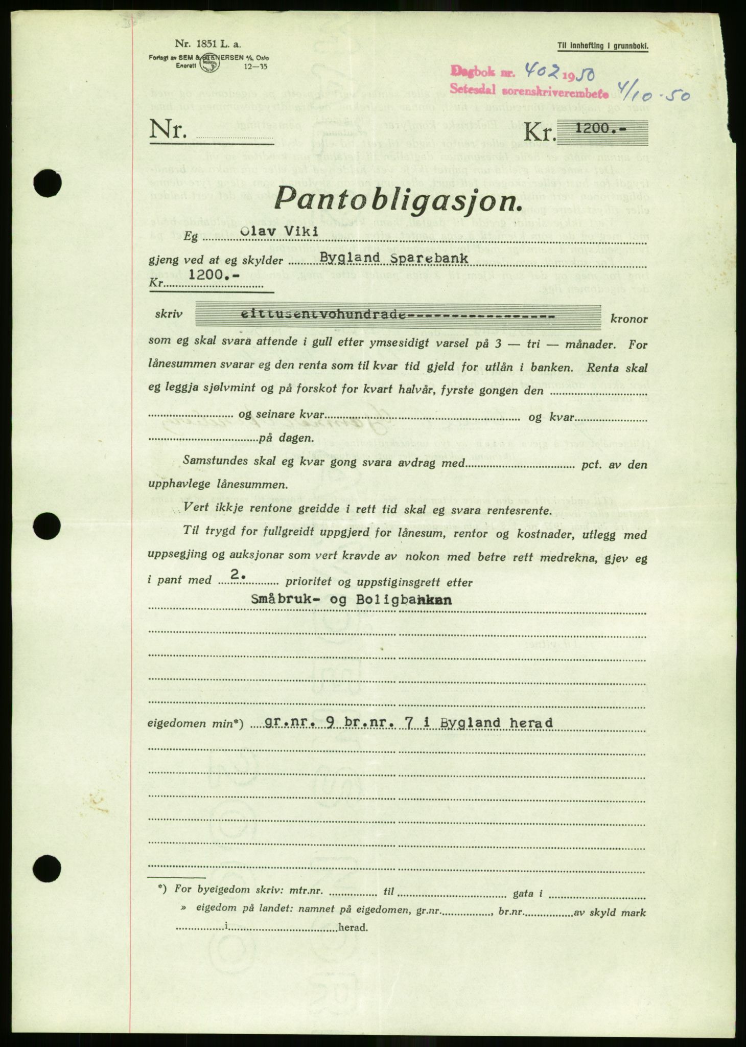 Setesdal sorenskriveri, SAK/1221-0011/G/Gb/L0050: Mortgage book no. B 38, 1949-1952, Diary no: : 402/1950