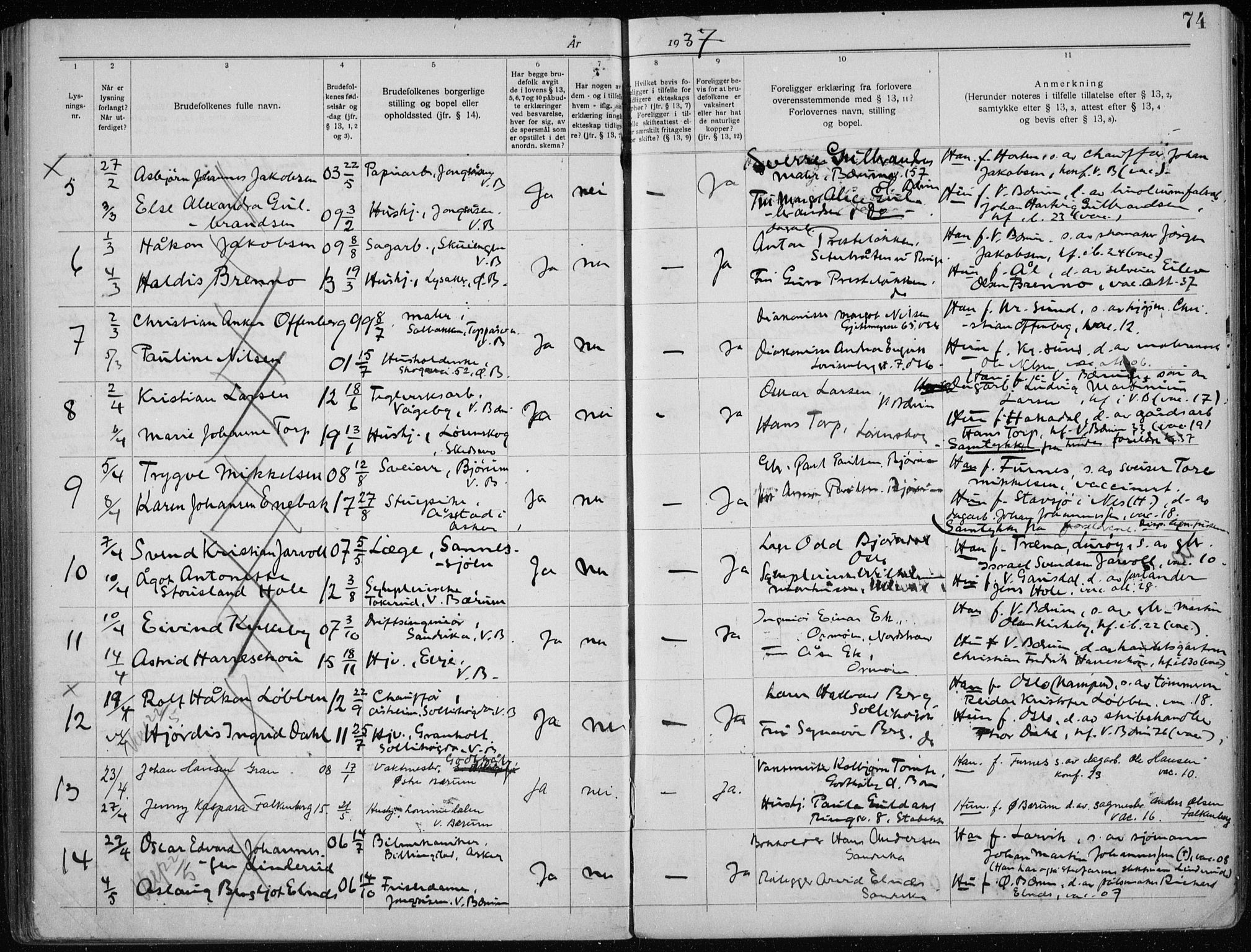 Vestre Bærum prestekontor Kirkebøker, AV/SAO-A-10209a/H/L0001: Banns register no. 1, 1919-1941, p. 74