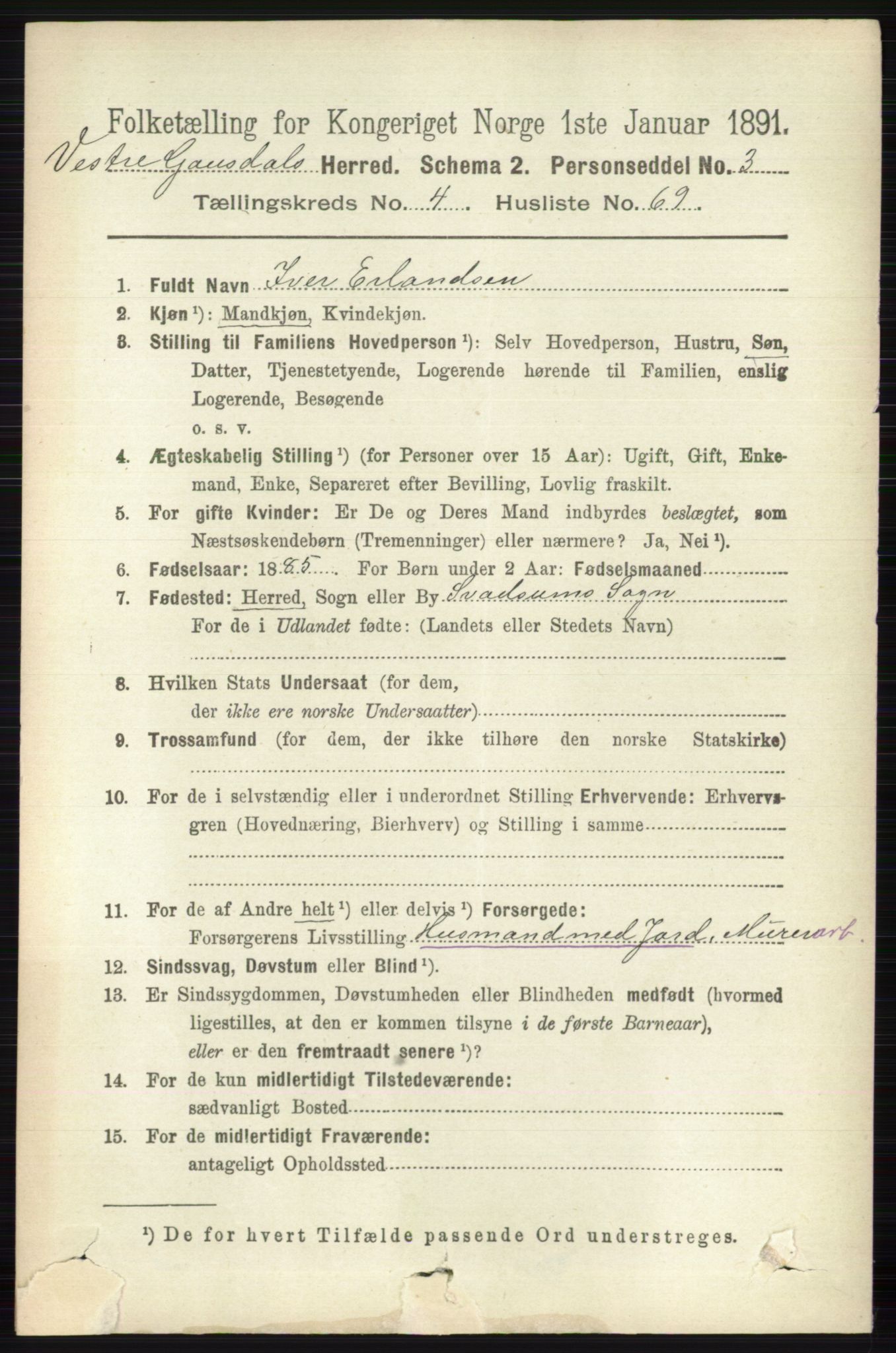 RA, 1891 census for 0523 Vestre Gausdal, 1891, p. 2115