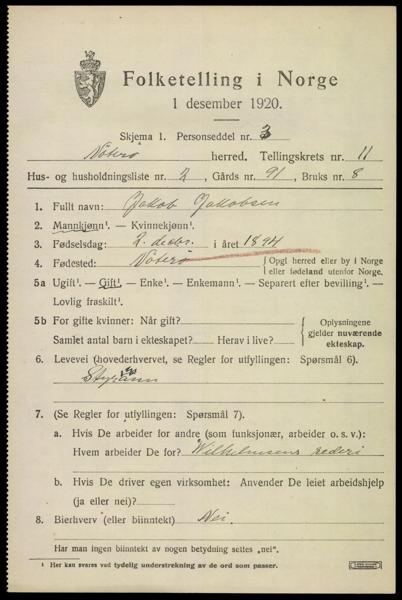 SAKO, 1920 census for Nøtterøy, 1920, p. 13583