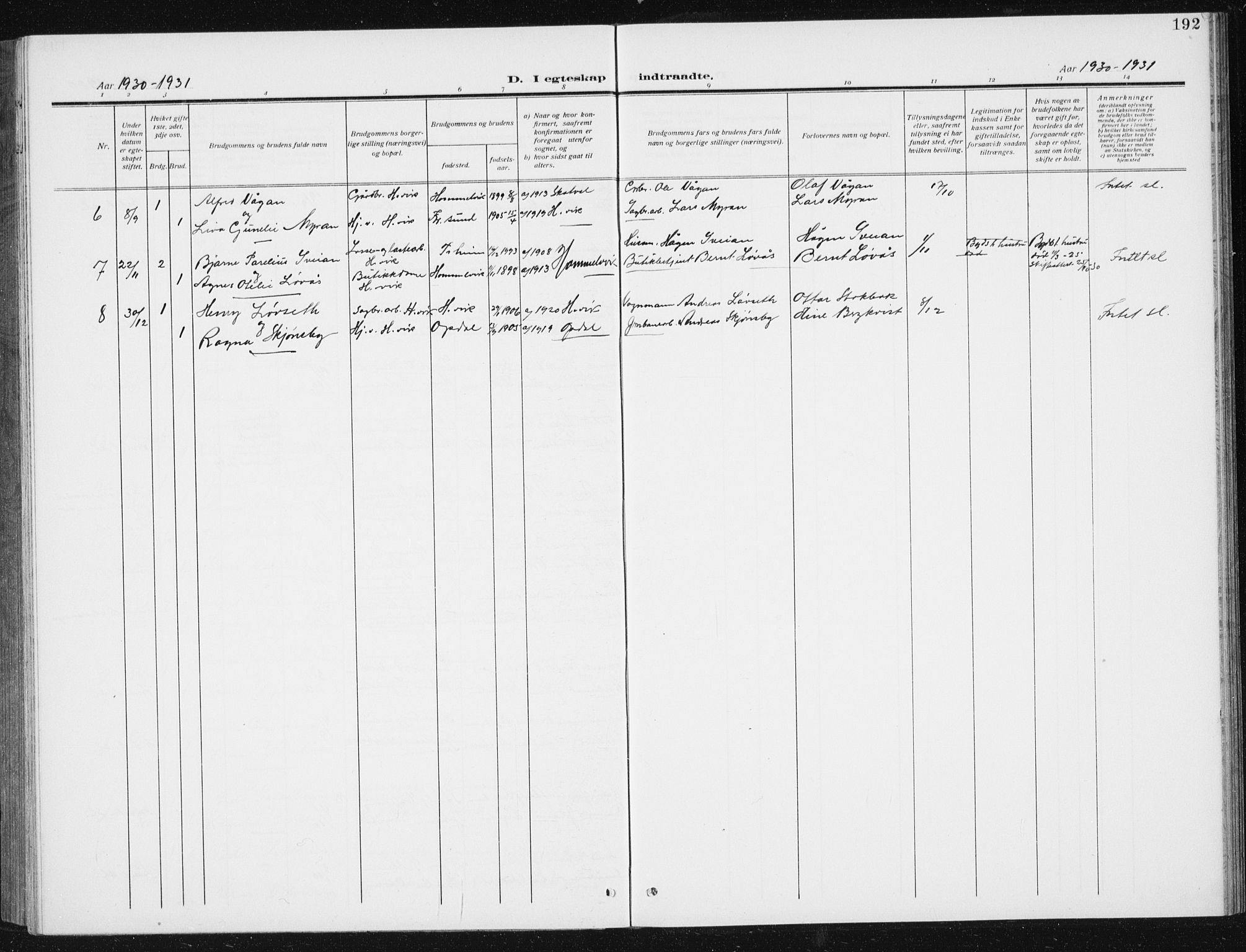 Ministerialprotokoller, klokkerbøker og fødselsregistre - Sør-Trøndelag, SAT/A-1456/617/L0431: Parish register (copy) no. 617C02, 1910-1936, p. 192