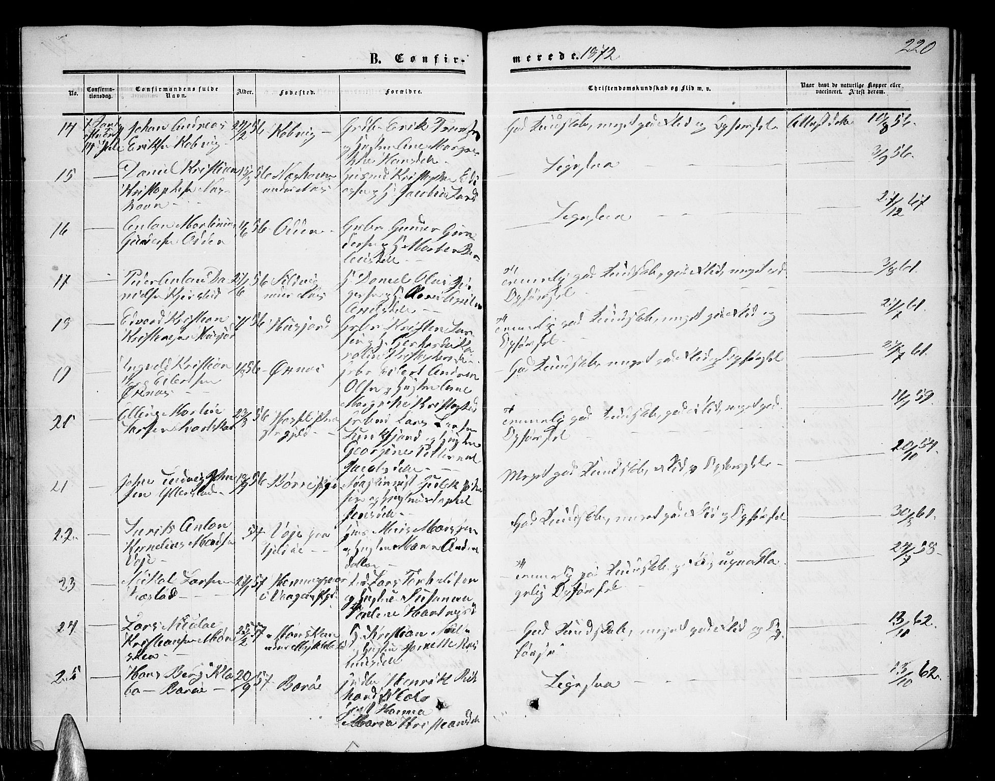 Ministerialprotokoller, klokkerbøker og fødselsregistre - Nordland, AV/SAT-A-1459/872/L1046: Parish register (copy) no. 872C02, 1852-1879, p. 220