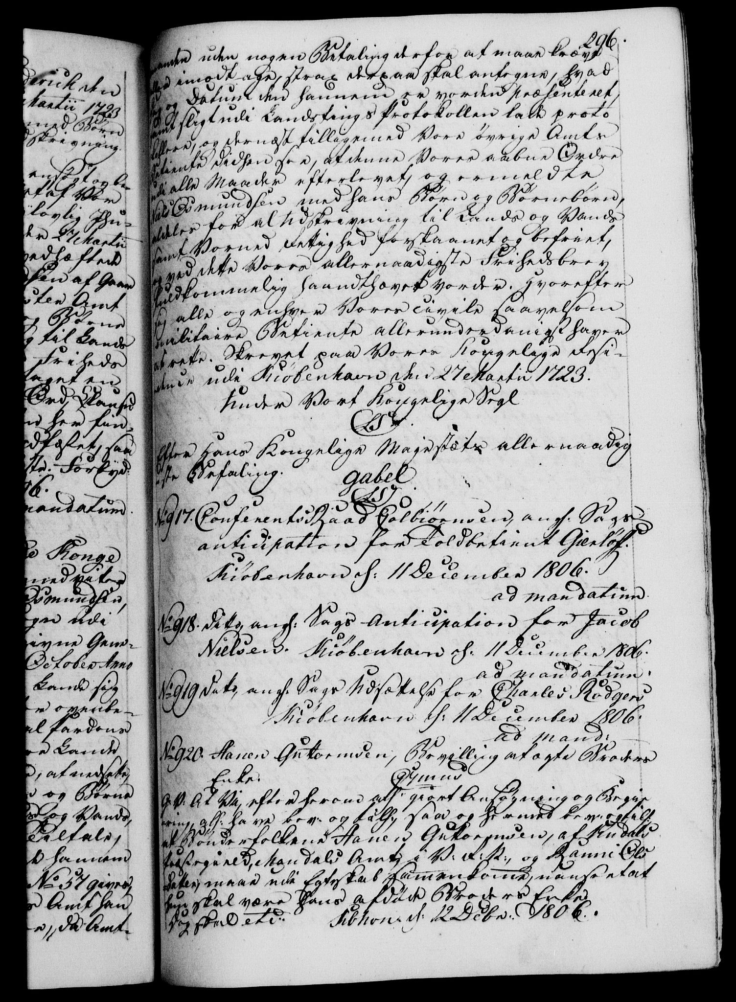 Danske Kanselli 1800-1814, AV/RA-EA-3024/H/Hf/Hfb/Hfba/L0003: Registranter, 1805-1807, p. 296a